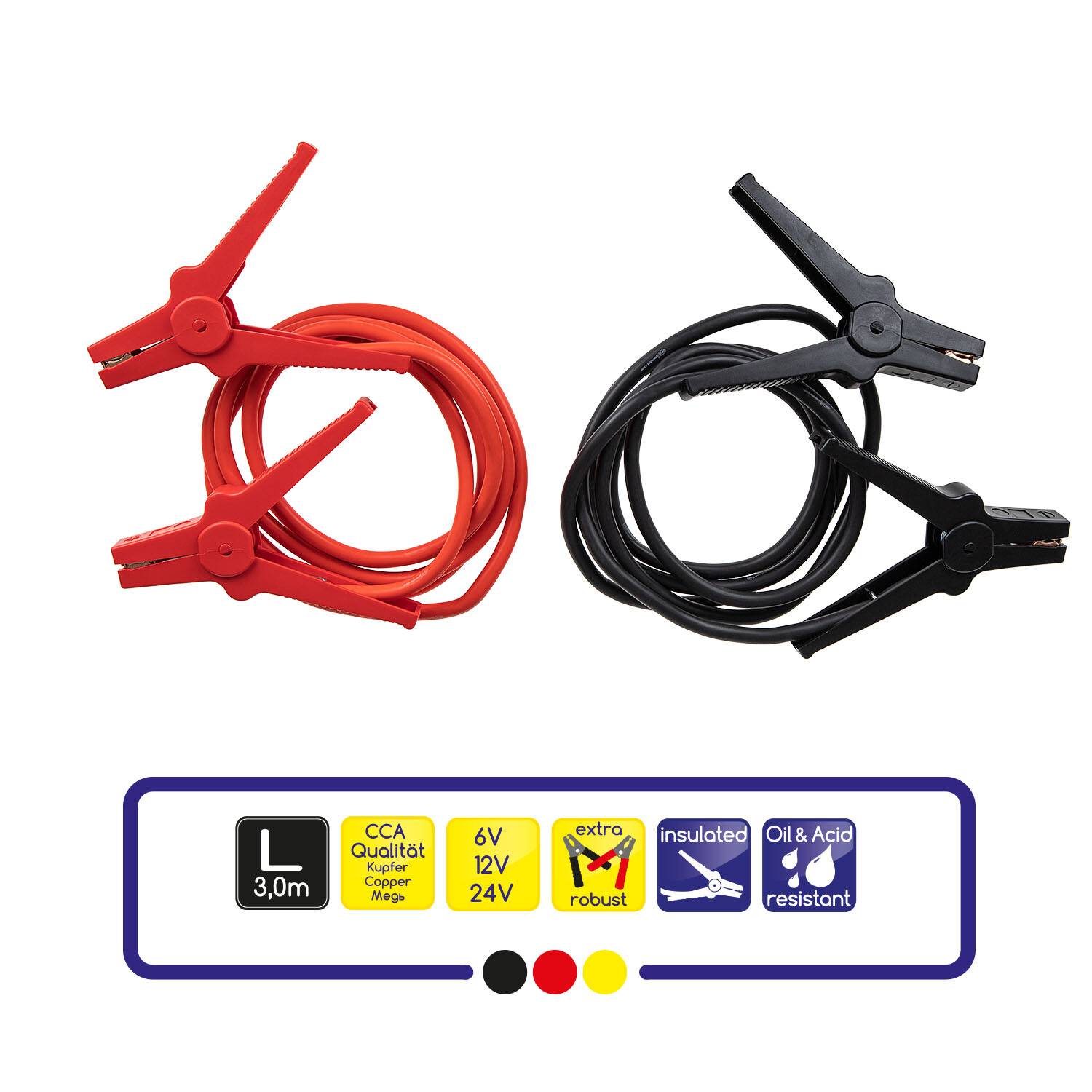 Rote und schwarze Starthilfekabel, jeweils mit Klemmen, und darunter Symbole, die die Kompatibilität mit 6V, 12V und 24V anzeigen, isoliert und öl-/säurebeständig.
