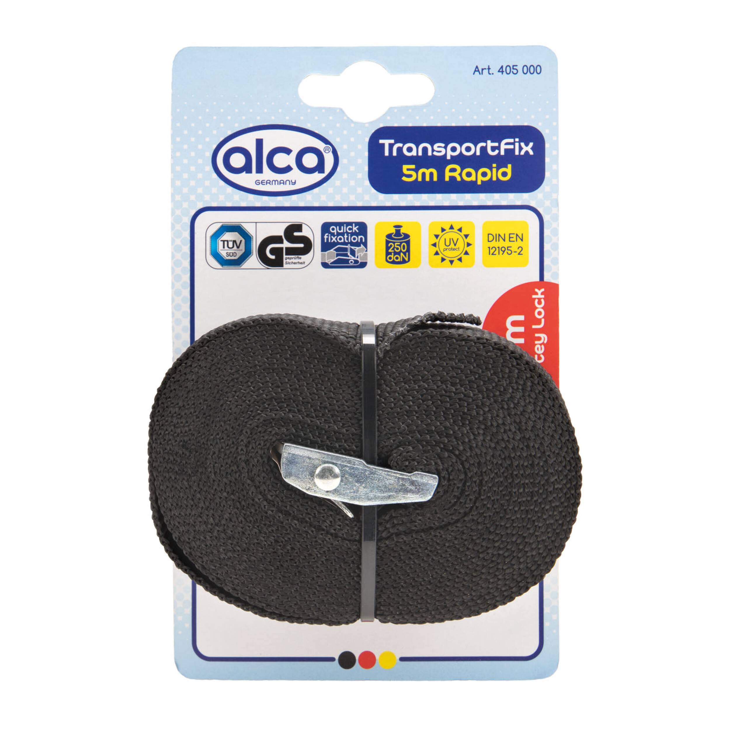 alca® Spanngurt 1 x 5 m, 250 daN, schwarz, verstellbar mit Klemmschloss, Spanngurt Zurrgurt, Gepäckhaltegurt,