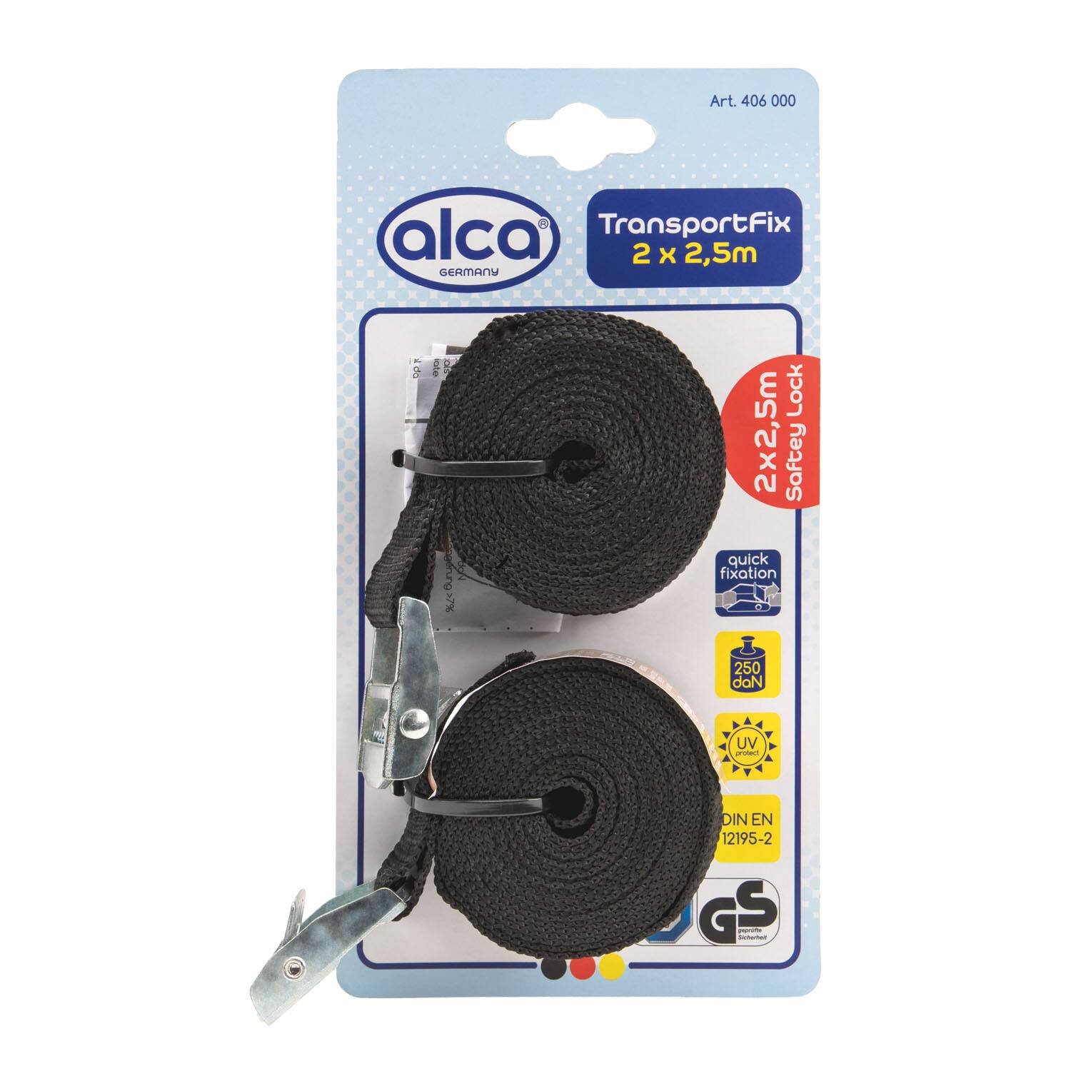 alca® Spanngurt 2 x 2,5 m 250 daN schwarz verstellbar mit Klemmschloss Spanngurte Zurrgurte Gepäckhaltegurte