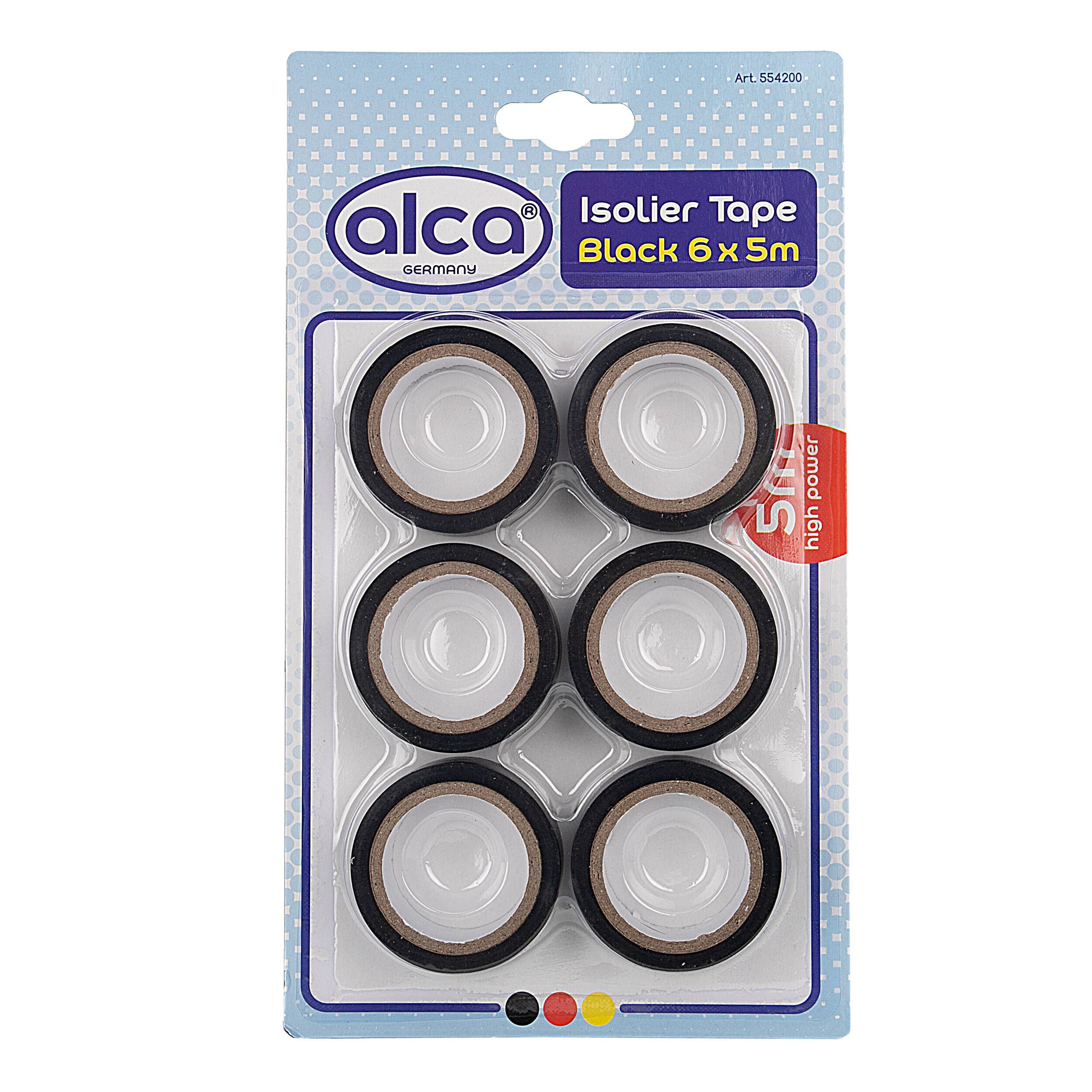 Verpackung für alca Isolierband, schwarz 6 x 5 m; sechs Rollen in einer Blisterverpackung angezeigt, mit '5m'-Etikett auf der rechten Seite.