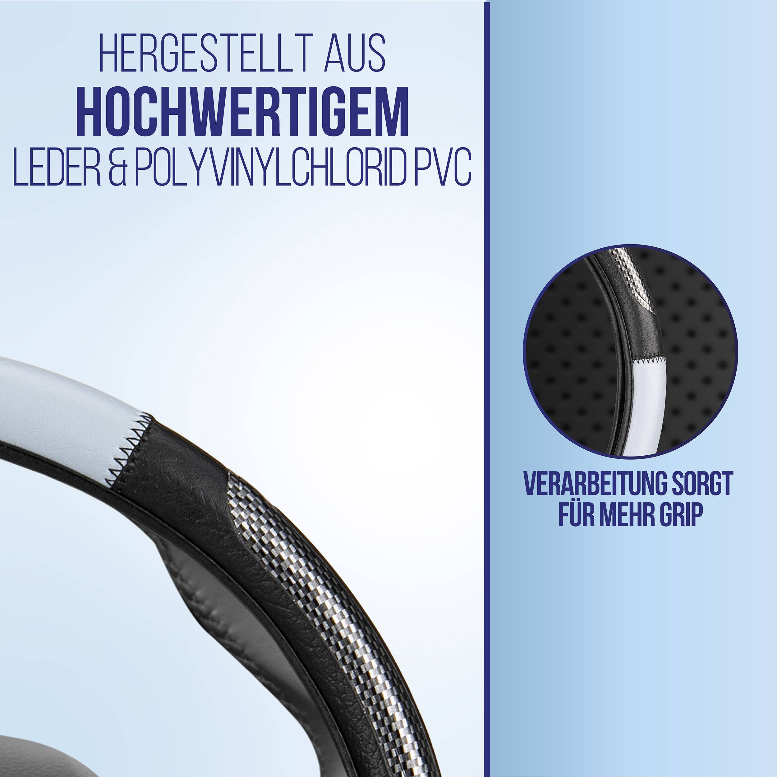 Produktdetailaufnahme eines Griffs aus hochwertigem Leder und PVC mit Beschriftungen, die verbesserten Griff und Nahtdetails hervorheben.