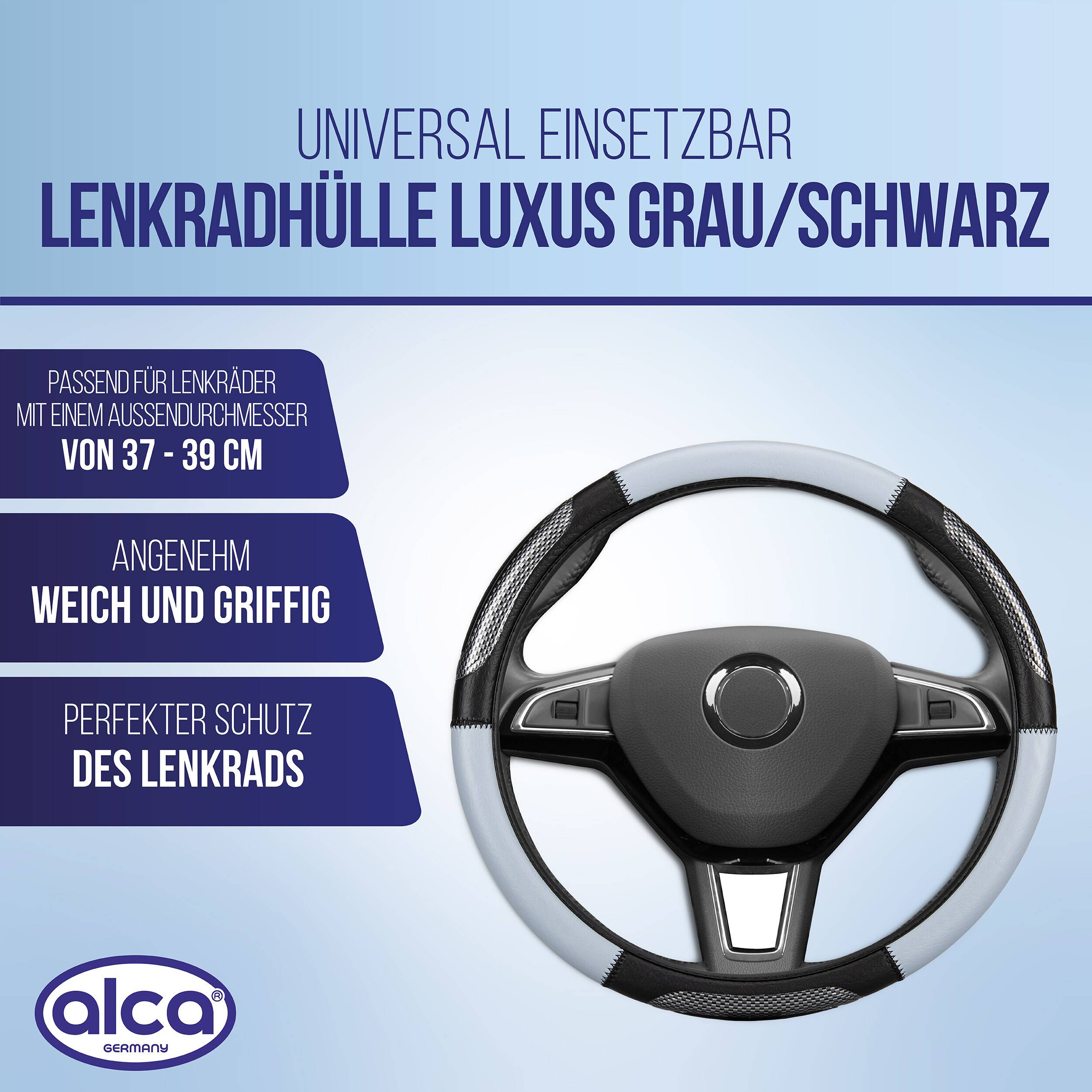 alca® Lenkradhülle schwarz-grau, 37-39cm Lenkradschoner mit weichem Leder, für Autos,