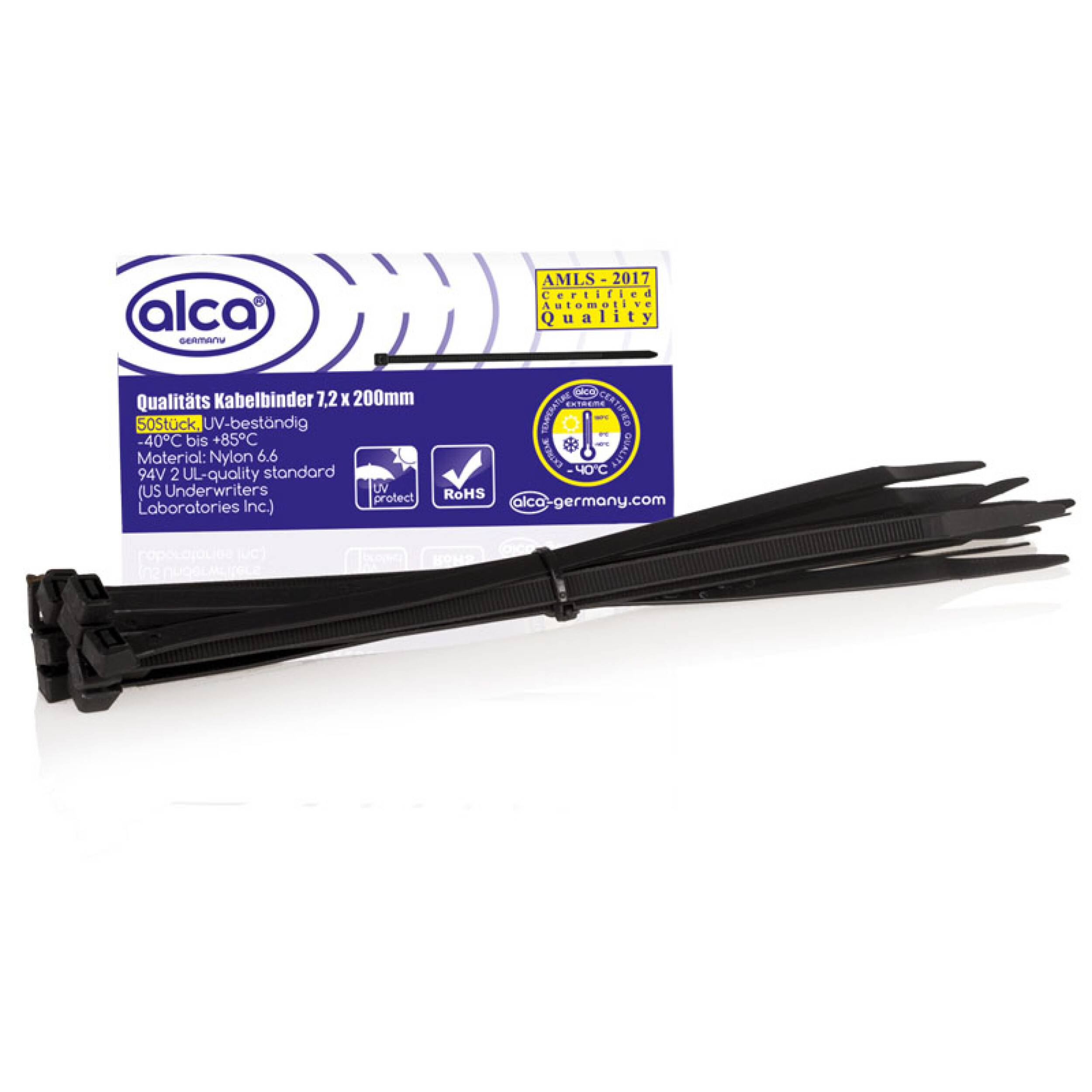 alca® Kabelbinder 7,2*200mm 50 St. schwarz 55 kg Zugfestigkeit UV-beständig für Innen- und Außen Kabelbefestigung Nylon