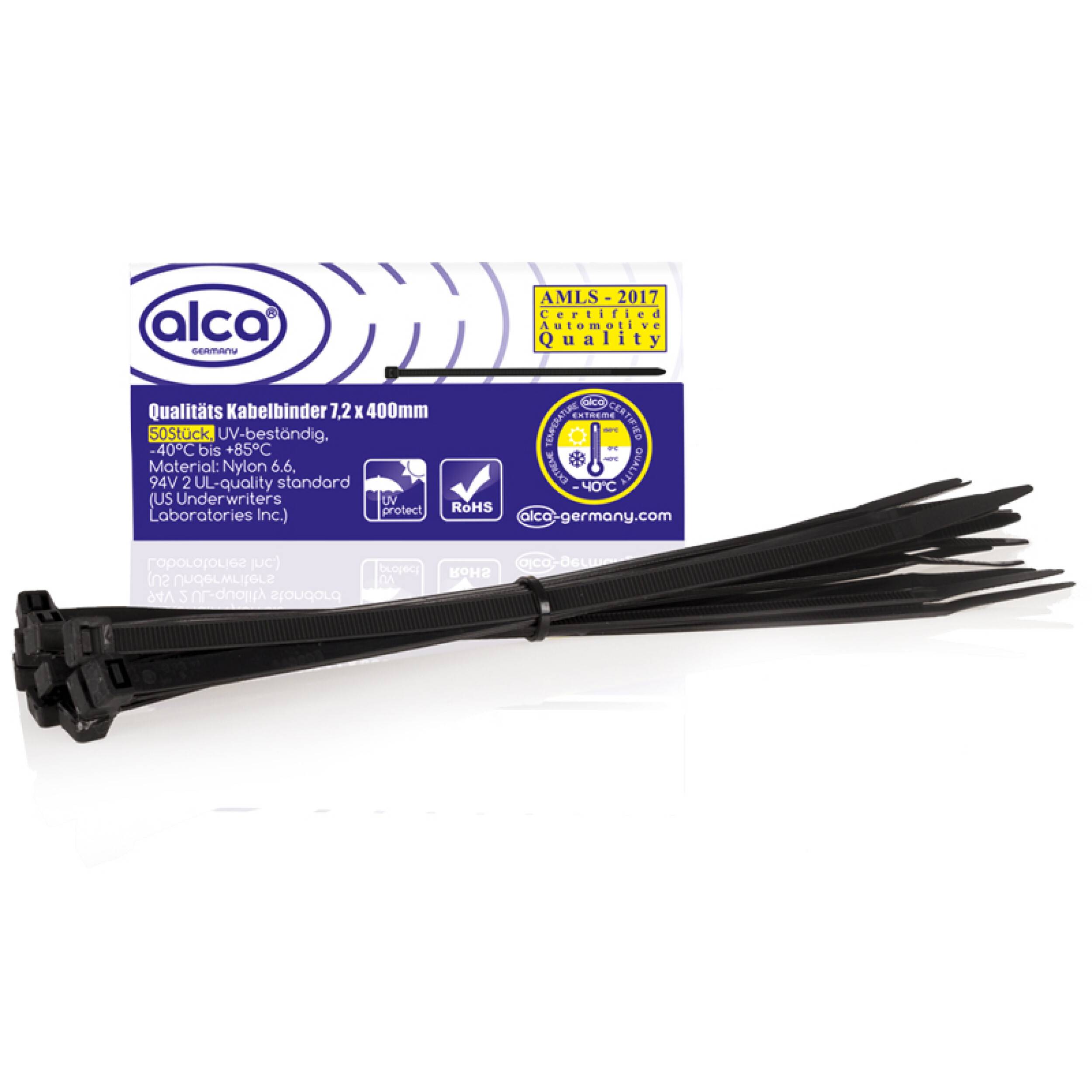 alca® Kabelbinder 7,2*400mm 50 St. schwarz 55 kg Zugfestigkeit UV-beständig für Innen- und Außen Kabelbefestigung Nylon