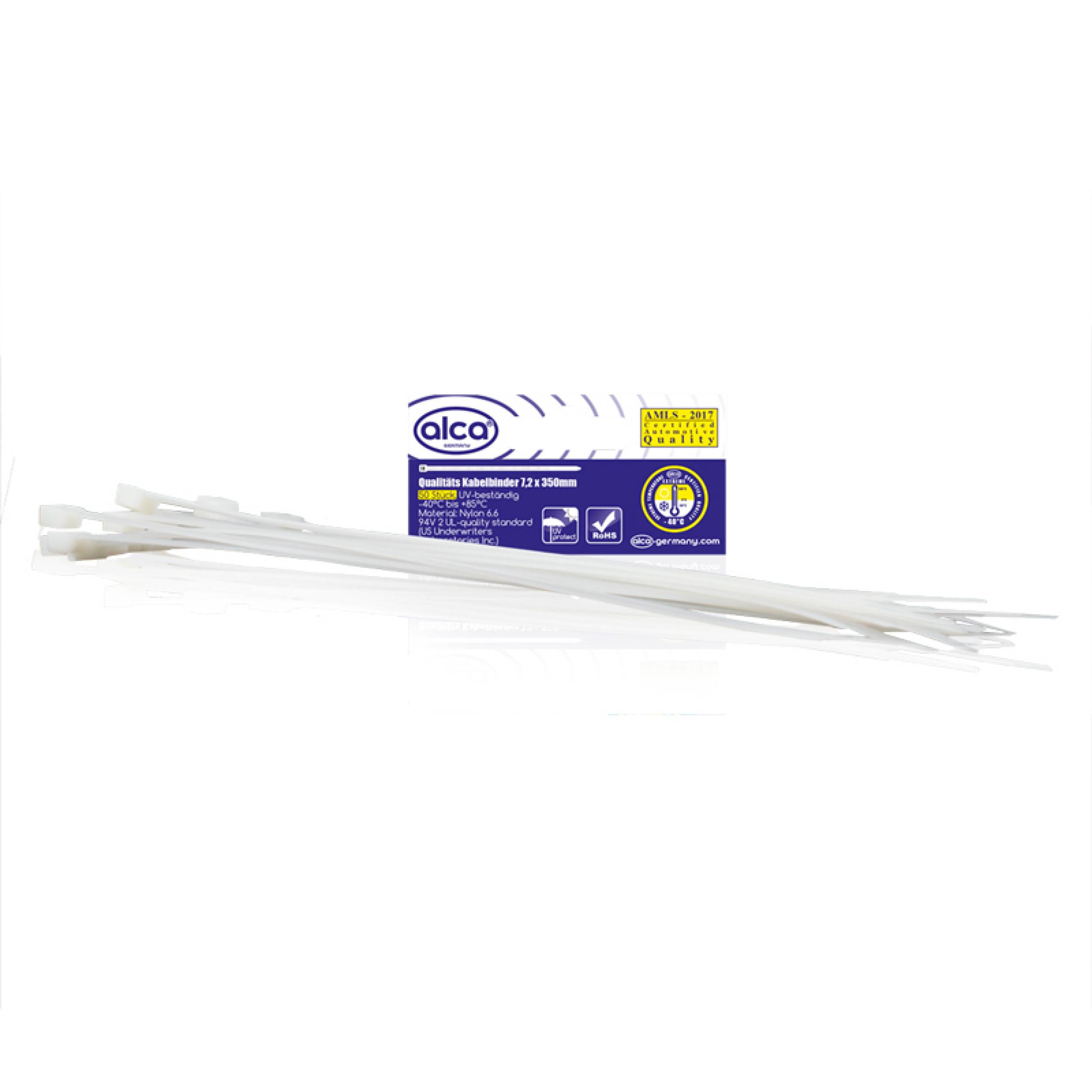 alca® Kabelbinder 7,2*350mm 50 St. weiß 55 kg Zugfestigkeit UV-beständig für Innen- und Außen Kabelbefestigung Nylon