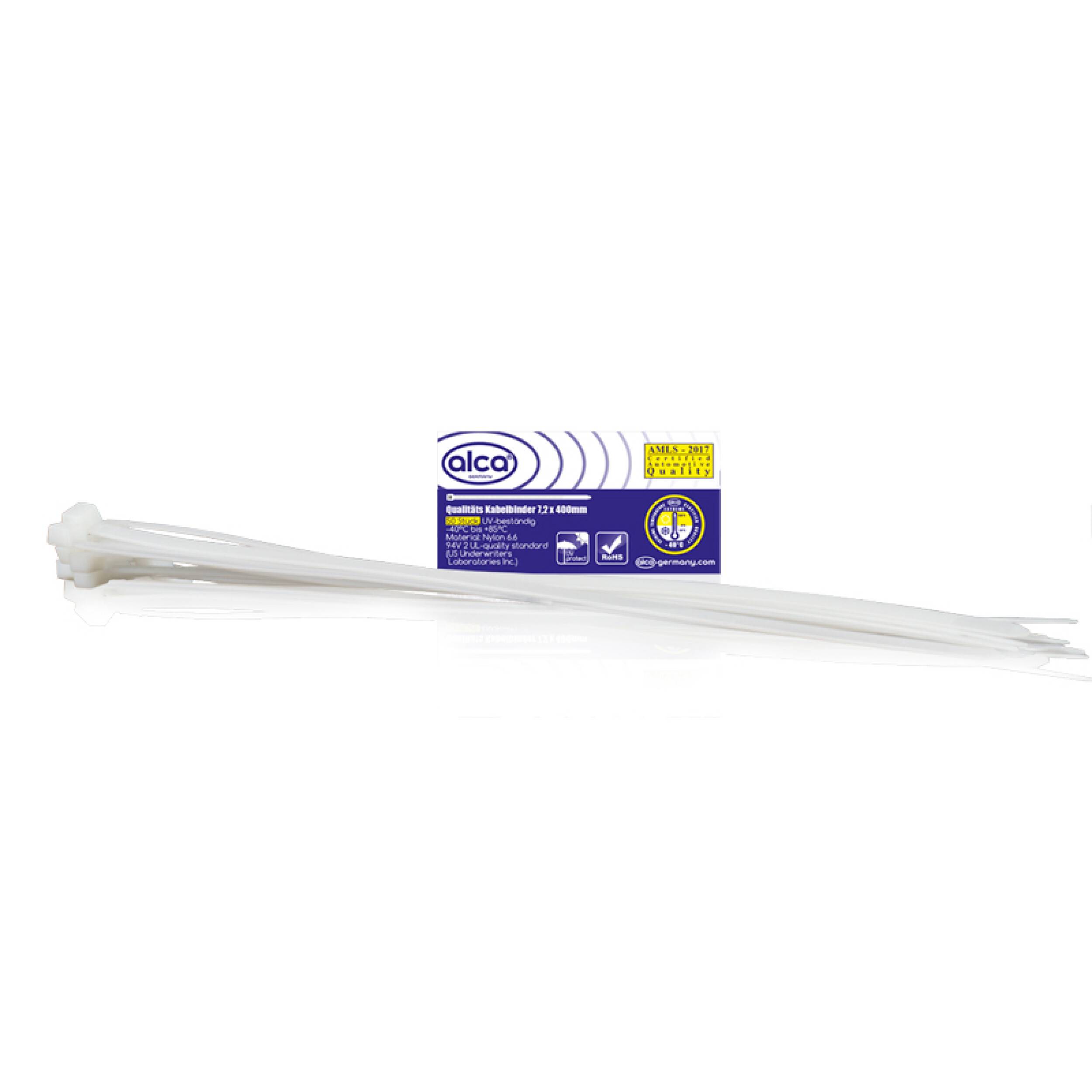 alca® Kabelbinder 7,2*400mm 50 St. weiß 55 kg Zugfestigkeit UV-beständig für Innen- und Außen Kabelbefestigung Nylon