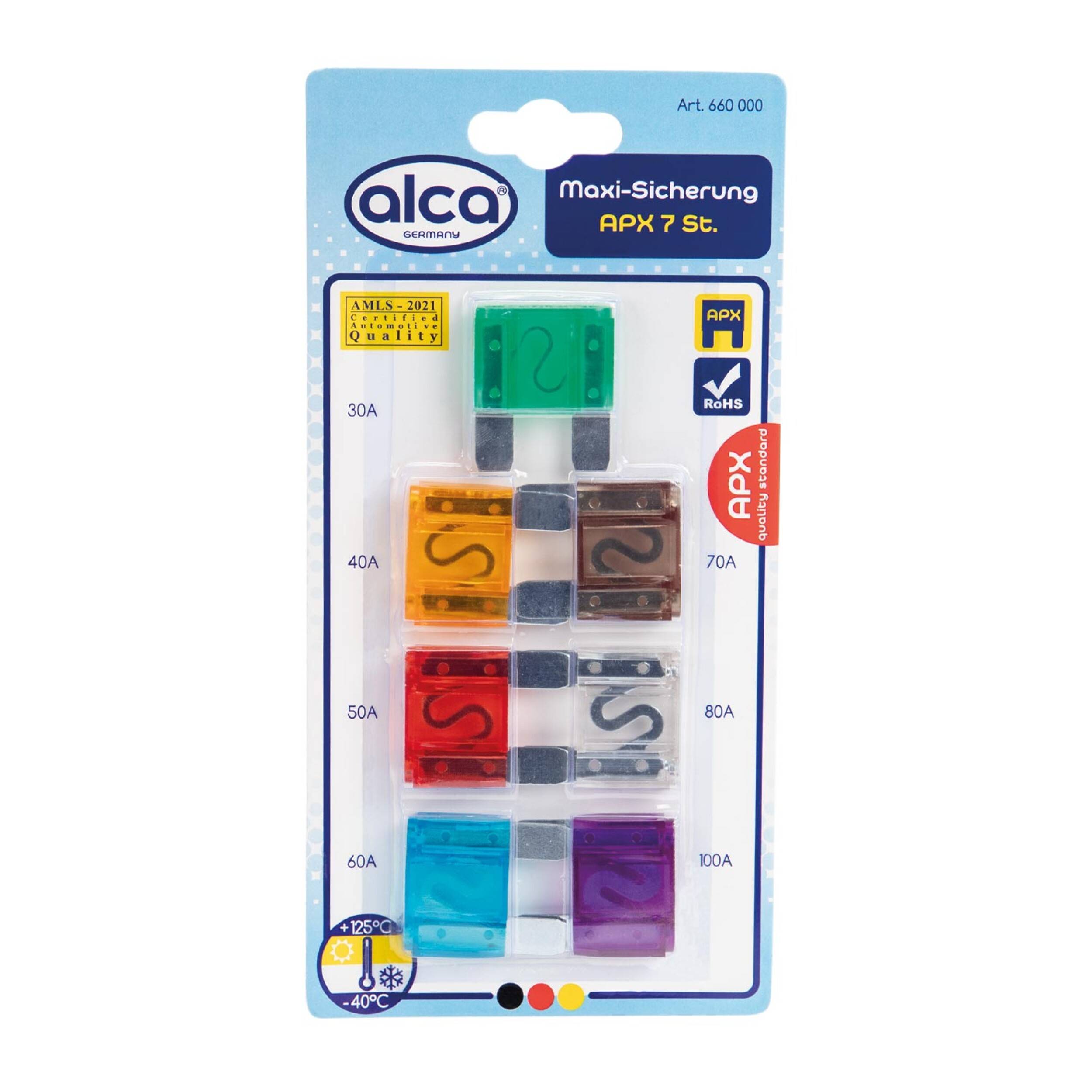 alca® Maxi-Sicherung 30A - 100A; 7 St. Blister 32 V Maxi Flachsicherung für Fahrzeuge LKW Bus Schwermaschinen Traktor