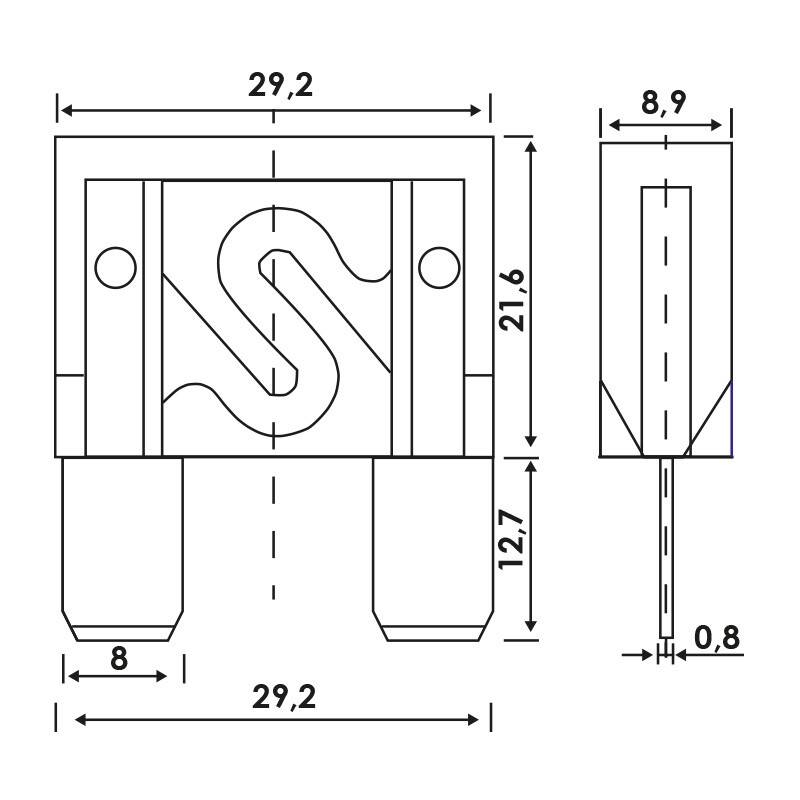 Technisches Diagramm mit Abmessungen einer elektrischen Komponente mit gekennzeichneten Messungen: 29,2 mm Breite, 21,6 mm Höhe, 8,9 mm Tiefe.