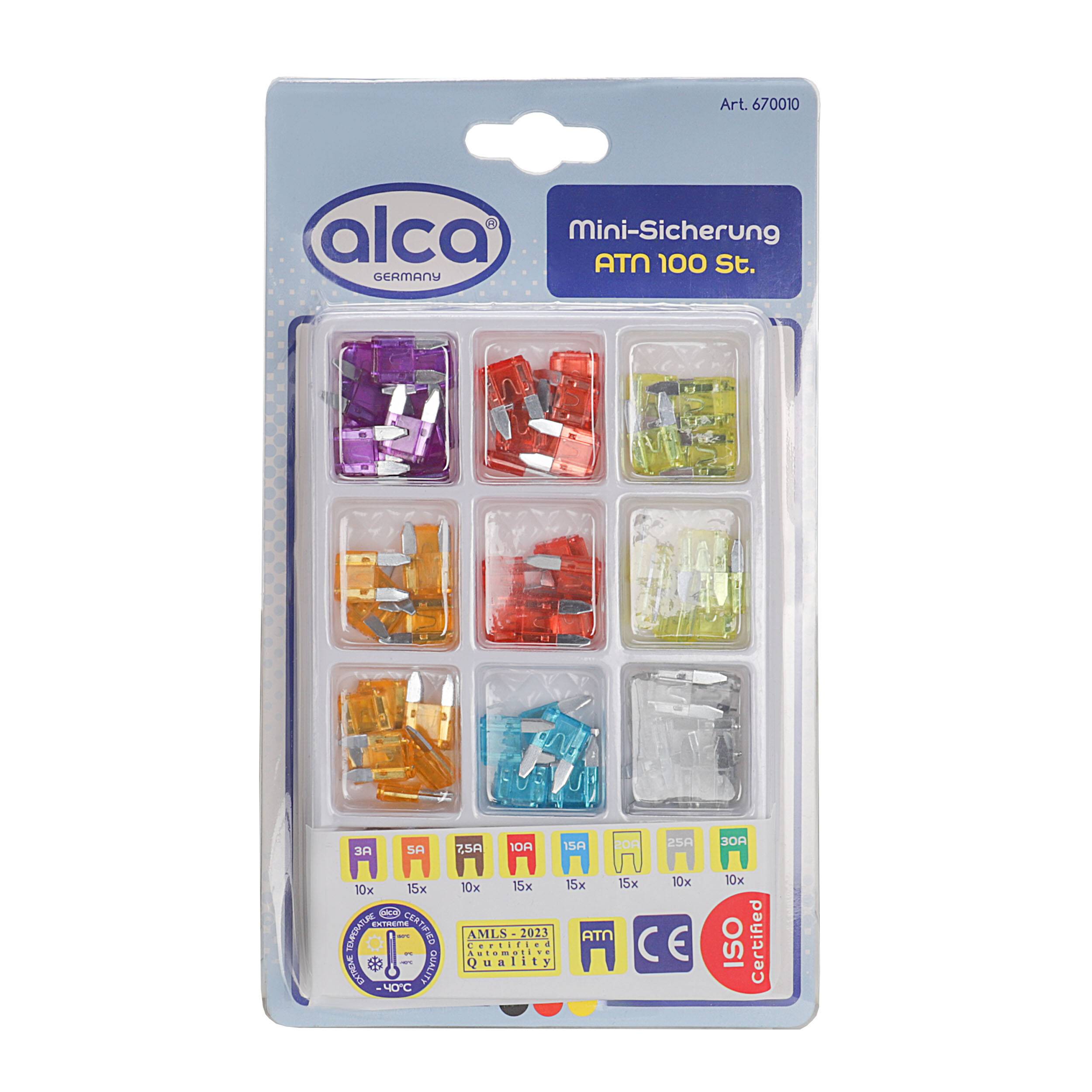 alca® Kfz Mini-Sicherungen 3 A - 30 A; 100 St. Set Auto Sicherungen 100er Set Standard Stecksicherungen Flachsicherungen