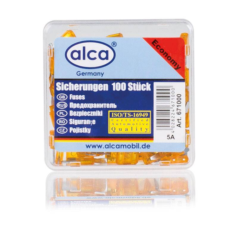 alca® Mini-Sicherungen 5A; 100 St. Economy Box 32 V orange Mini Flachsicherung Stecksicherung für Fahrzeuge Auto