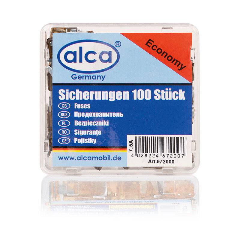 Ein Paket mit 100 Sicherungen mit der Aufschrift „alca Germany