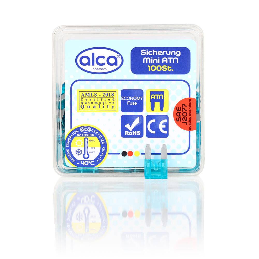 Mini-Sicherungen ATM, 100 Stück, von alca Germany. Beinhaltet Qualitätszertifizierungen, RoHS-Konformität und Temperaturbereichangaben.