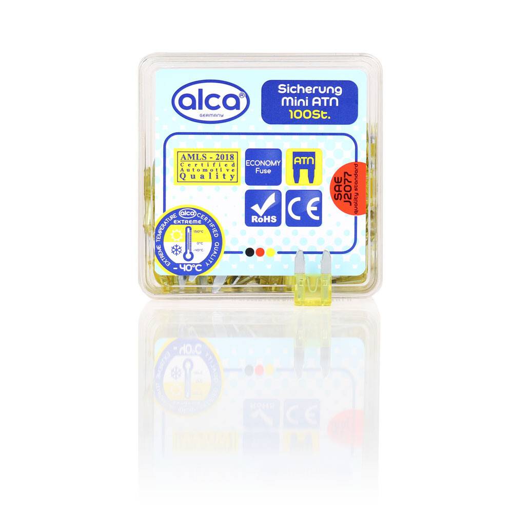 alca® Mini-Sicherungen 20A; 100 St. Economy Box 32 V gelb Mini Flachsicherung Stecksicherung für Fahrzeuge Auto Motorrad