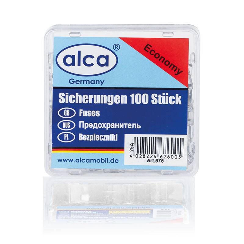 alca® Mini-Sicherungen 25A; 100 St. Economy Box 32 V transparent Mini Flachsicherung Stecksicherung Fahrzeuge Auto