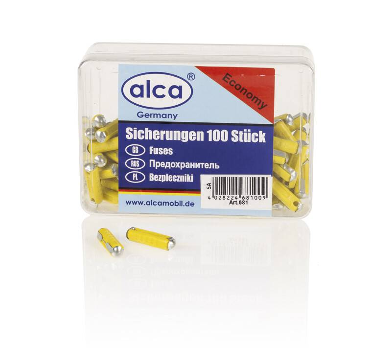 alca® Torpedosicherungen 5 A gelb, 100 Stück, DIN 72581-1, 32 V DC, KFZ