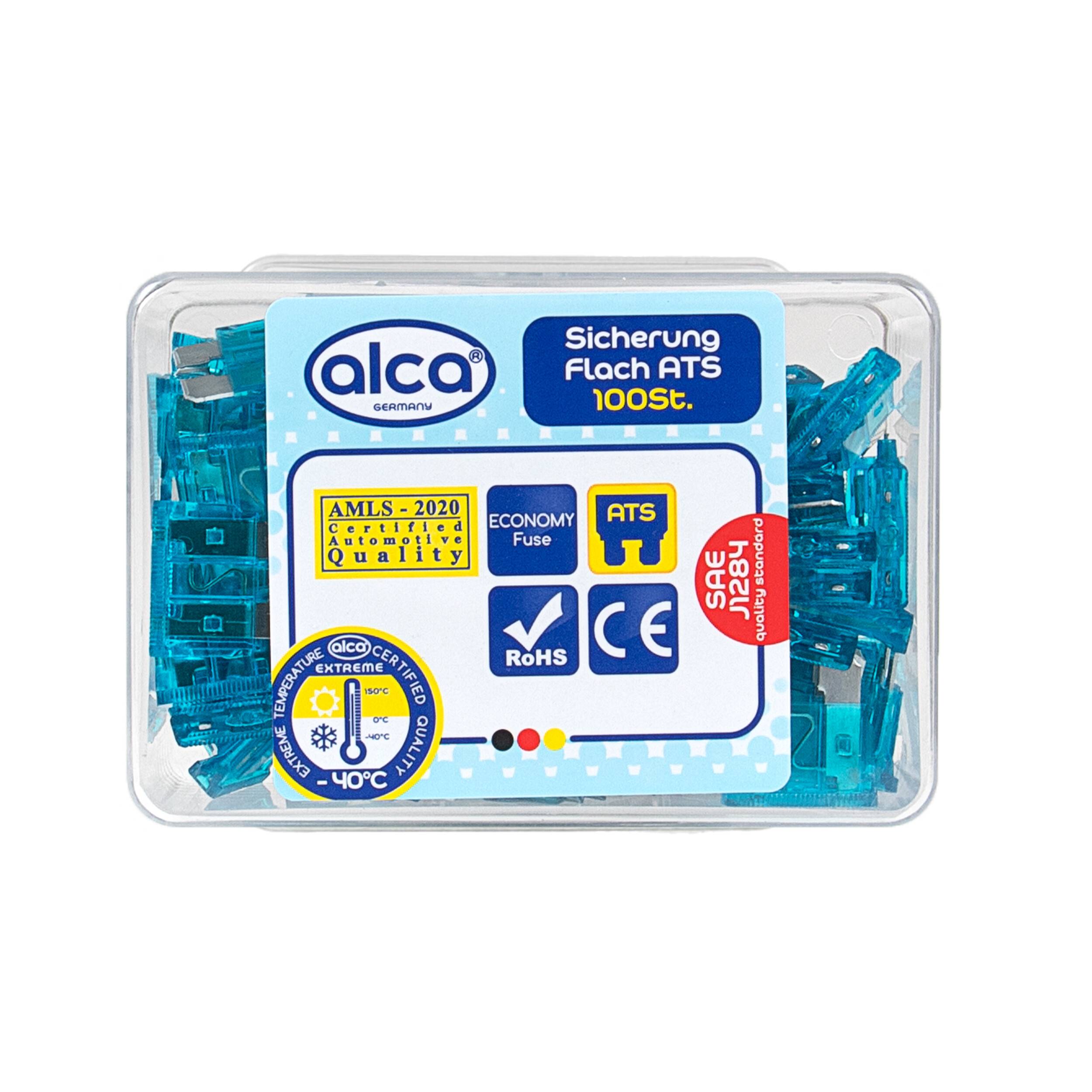 alca® Flach-Sicherungen 15 A; 100 St. Economy Box blaue Auto Flachsicherungen Schmelzsicherung für Caravan Traktor Bus