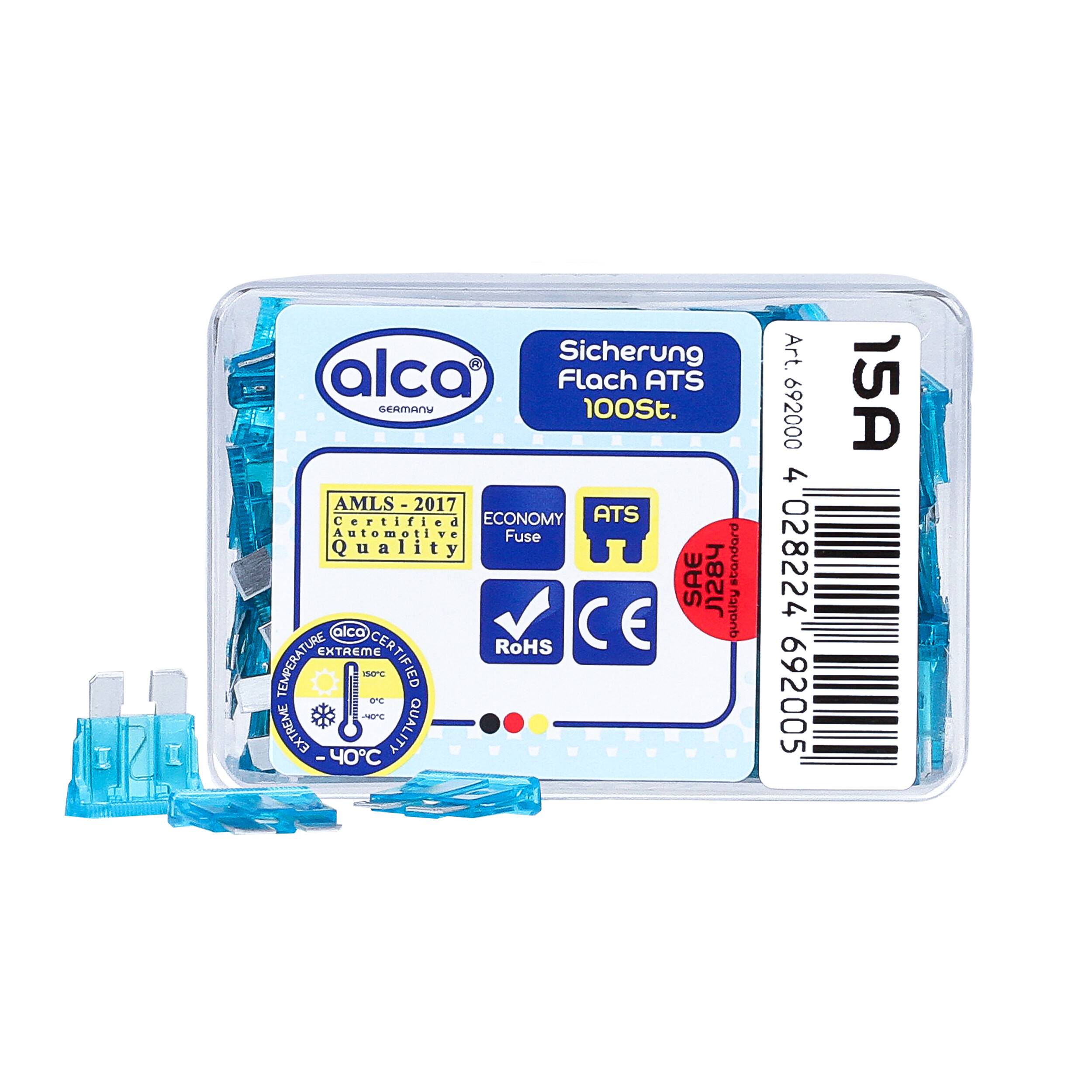 alca® Flachsicherungen 15 A zu 100 St. in einer Economy Box für Fahrzeuge Nennspannung DC 32 V nach Standard SAE J1284,