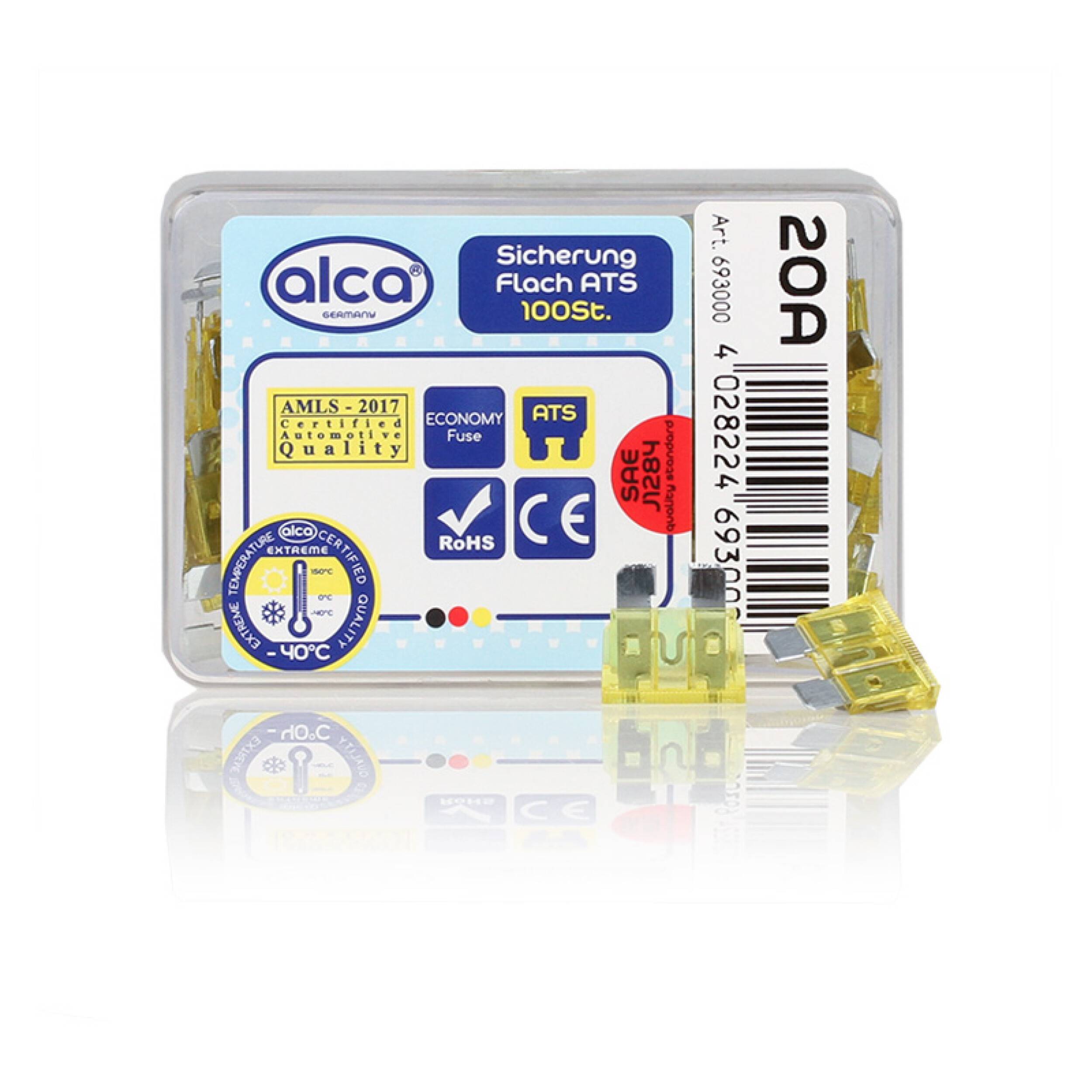 alca® Flach-Sicherungen 20 A; 100 St. Economy Box gelbe Auto Flachsicherungen Schmelzsicherung für Caravan Traktor Bus
