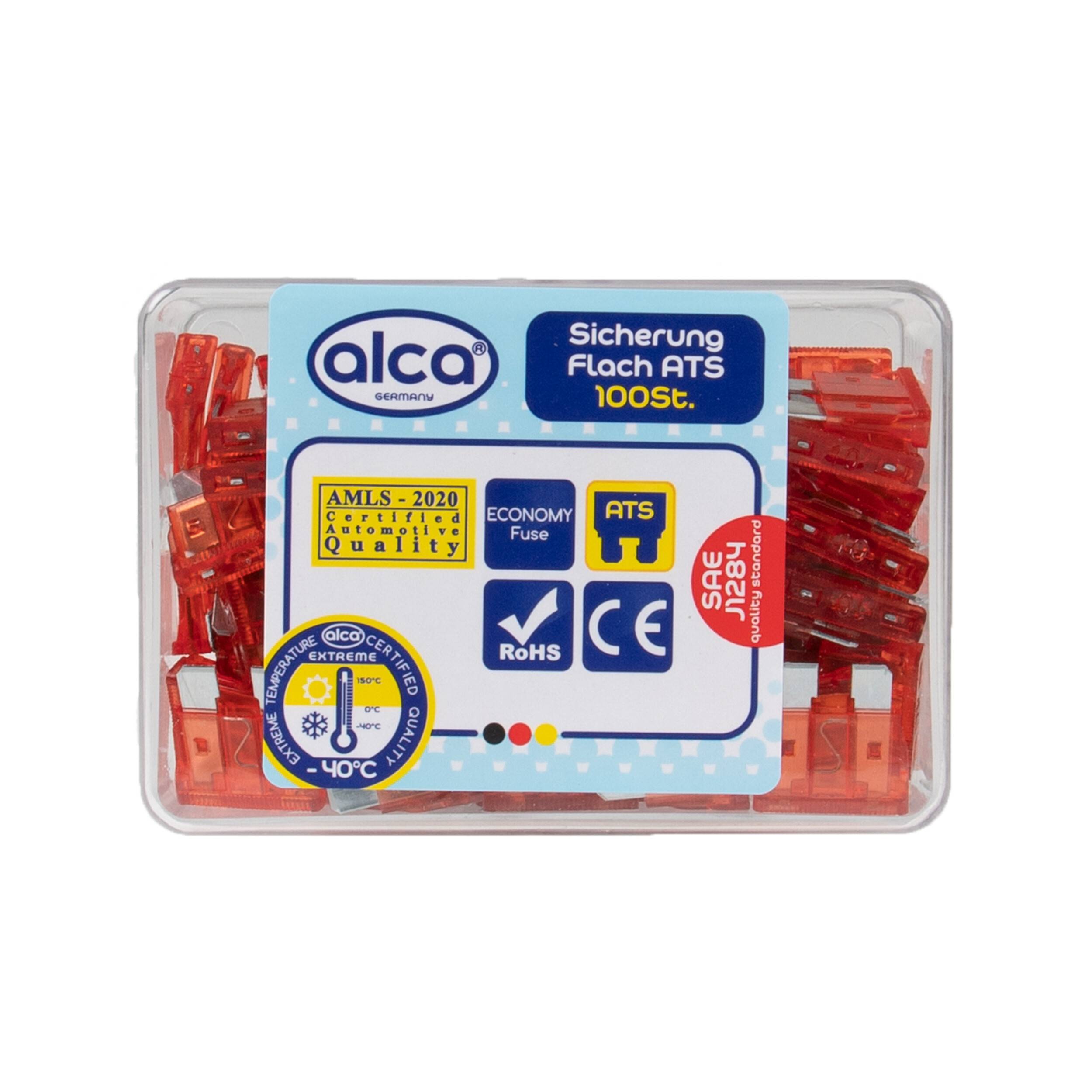alca® Flach-Sicherungen 10 A; 100 St. Economy Box rote Auto Flachsicherungen Schmelzsicherung für Caravan Traktor Bus