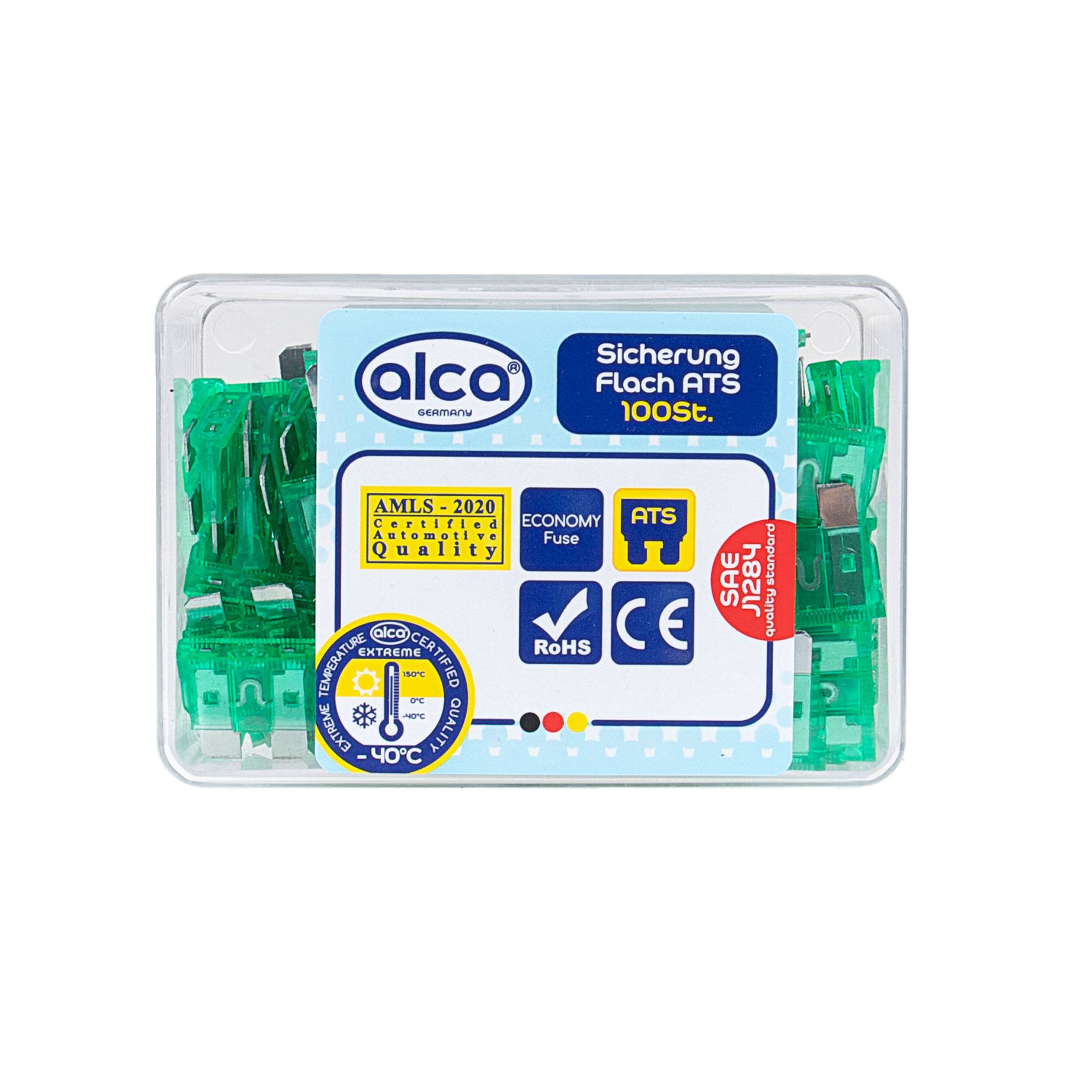 alca® Flach-Sicherungen 30 A; 100 St. Economy Box grüne Auto Flachsicherungen Schmelzsicherung für Caravan Traktor Bus