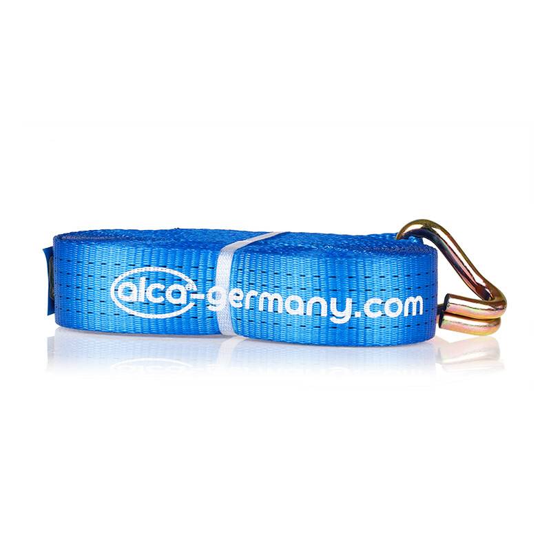 Ein blauer Riemen mit einer Öse an einem Ende, mit der Website „alca-germany.com
