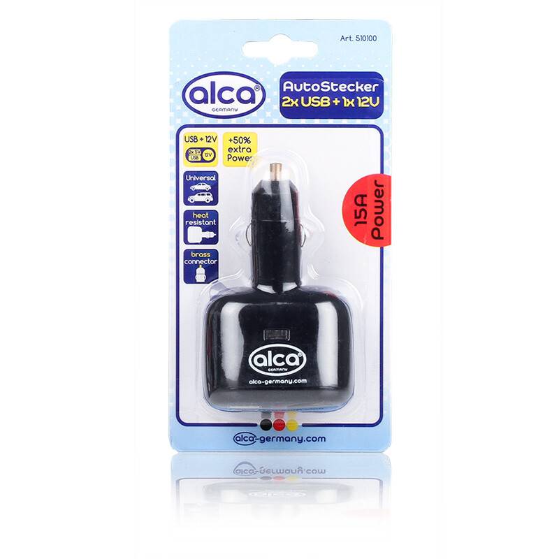 alca® Verteiler Dual, 12V 15A, Auto-Steckdose mit Sicherung & 2xUSB-A Ladeadapter Zweifach für den