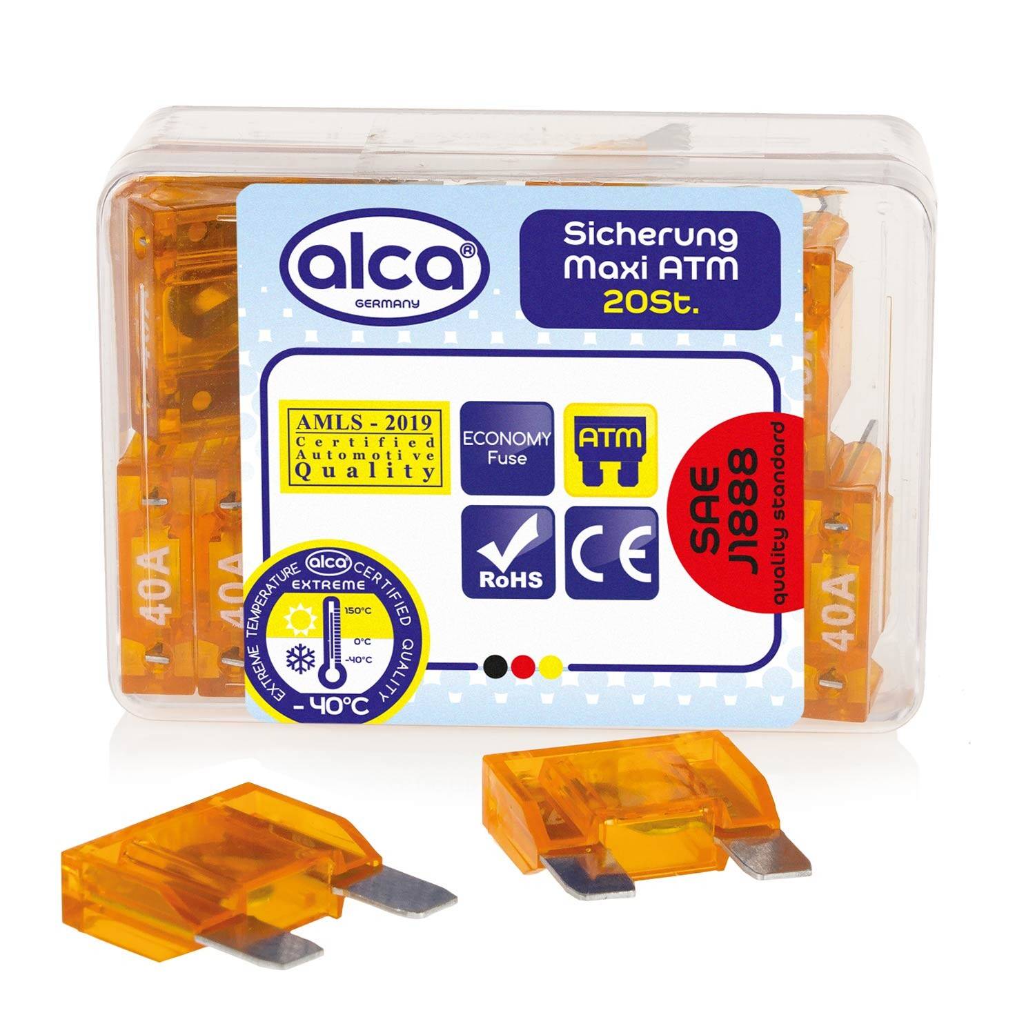 Packung mit 20 orangefarbenen 40A Maxi-Sicherungen von Alca Germany, gekennzeichnet mit Zertifizierungen und Normen, geeignet für Kraftfahrzeugverwendung.