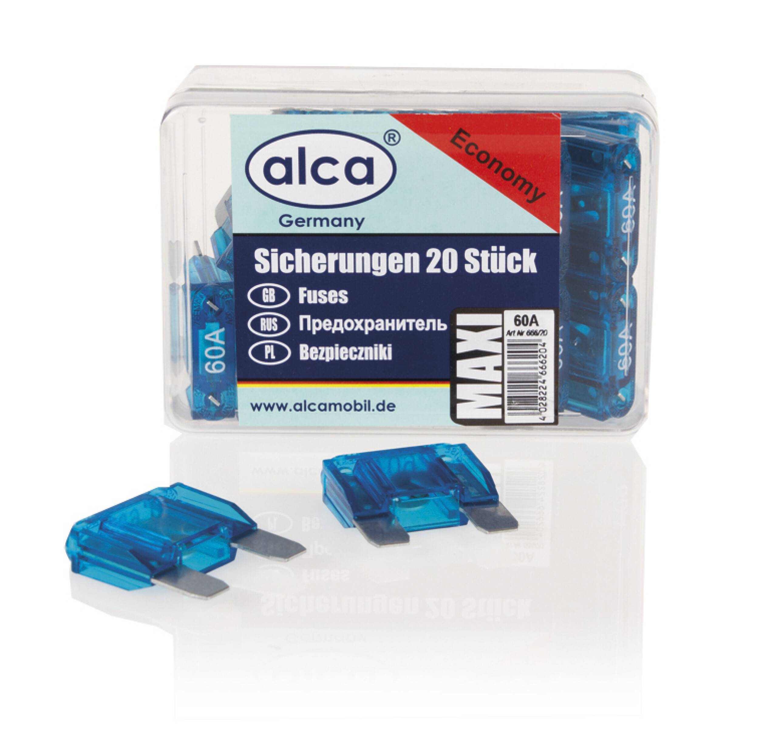 alca® Maxi-Sicherung 60A 20 St. Economy Box 32 V Farbe - blau Maxi Flachsicherung für Fahrzeuge LKW Bus Schwermaschinen