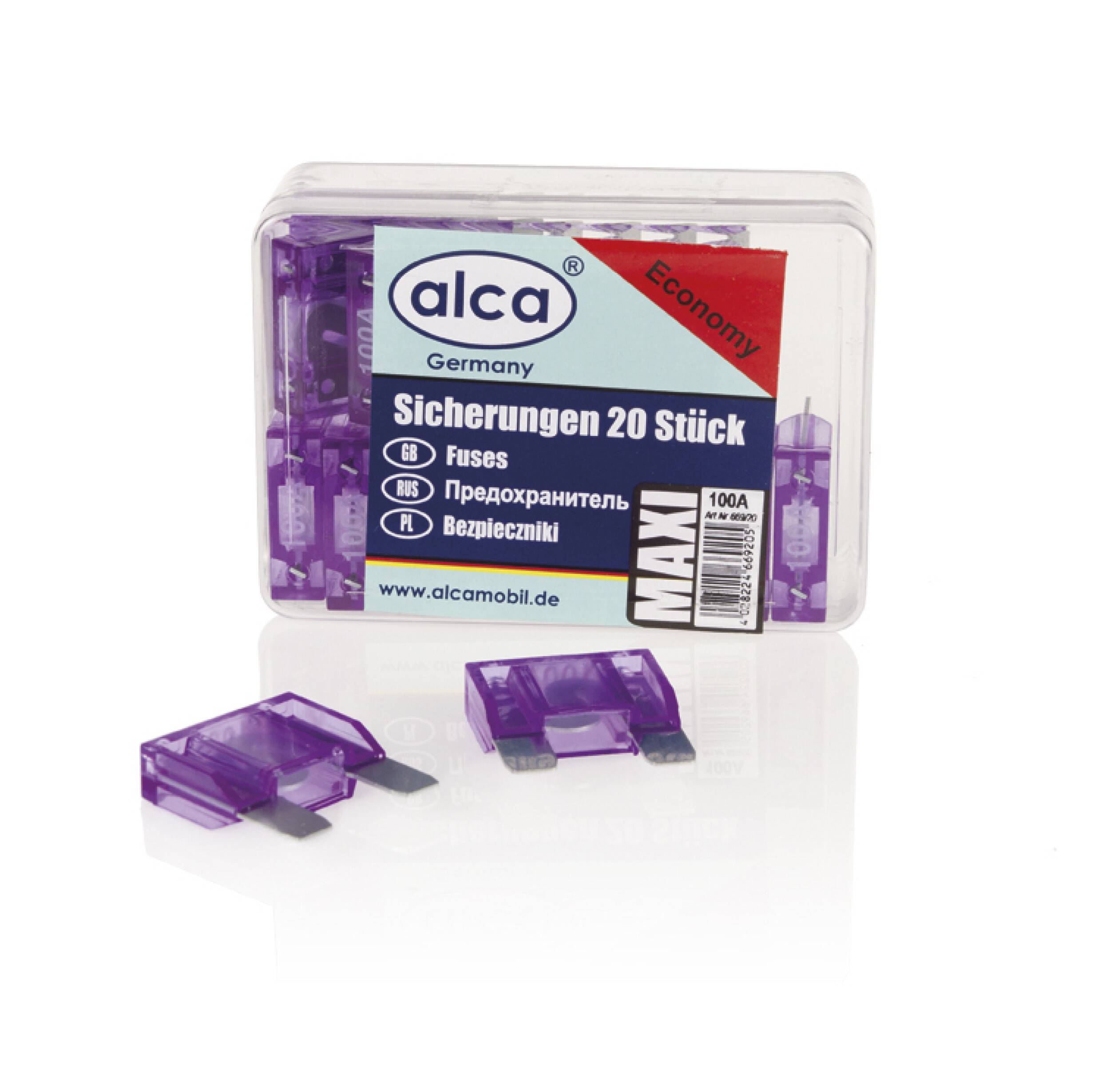 alca® Maxi-Sicherung 100A; 20 St. Economy Box 32 V Farbe - violett Maxi Flachsicherung für Fahrzeuge LKW Bus