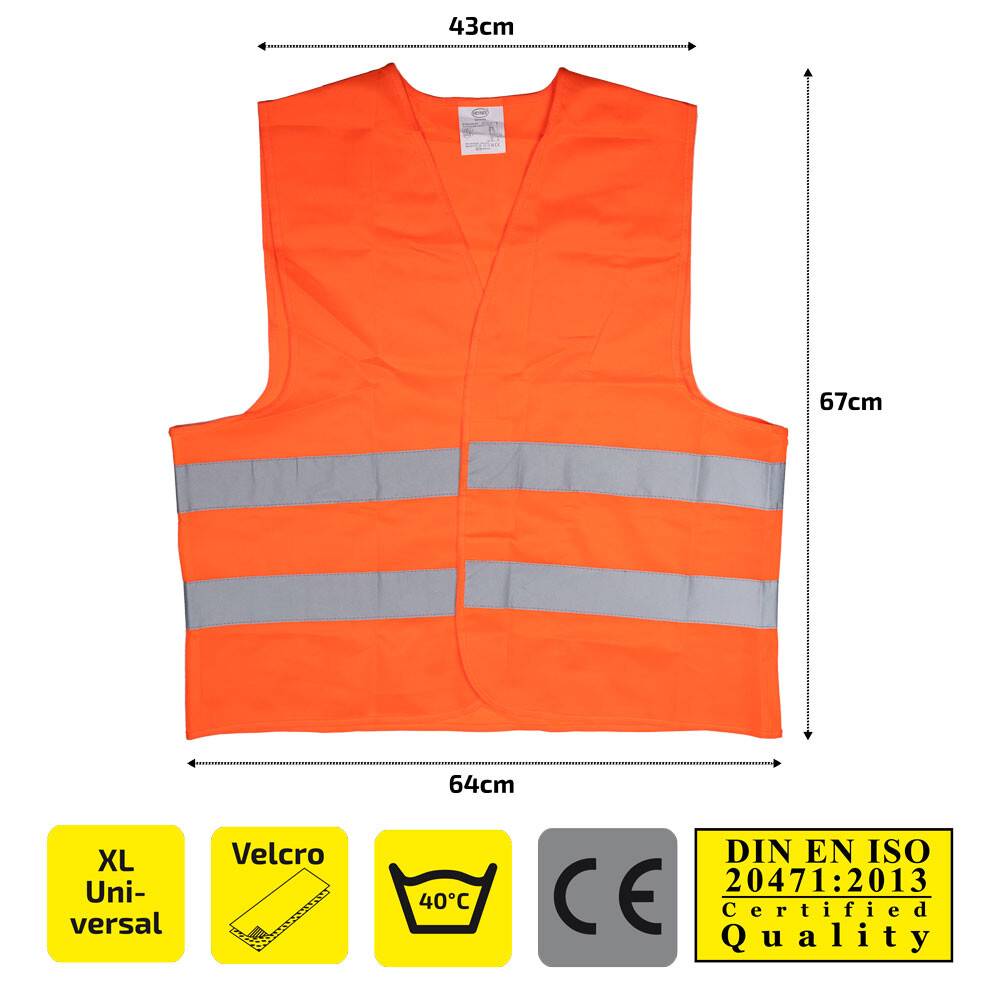 Eine orange Sicherheitsweste mit reflektierenden Streifen. Abmessungen: 67 cm Höhe, 43 cm Schulterbreite, 64 cm Breite unten. Merkmale sind Klettverschluss, maschinenwaschbar bei 40°C und zertifizierte Qualität.