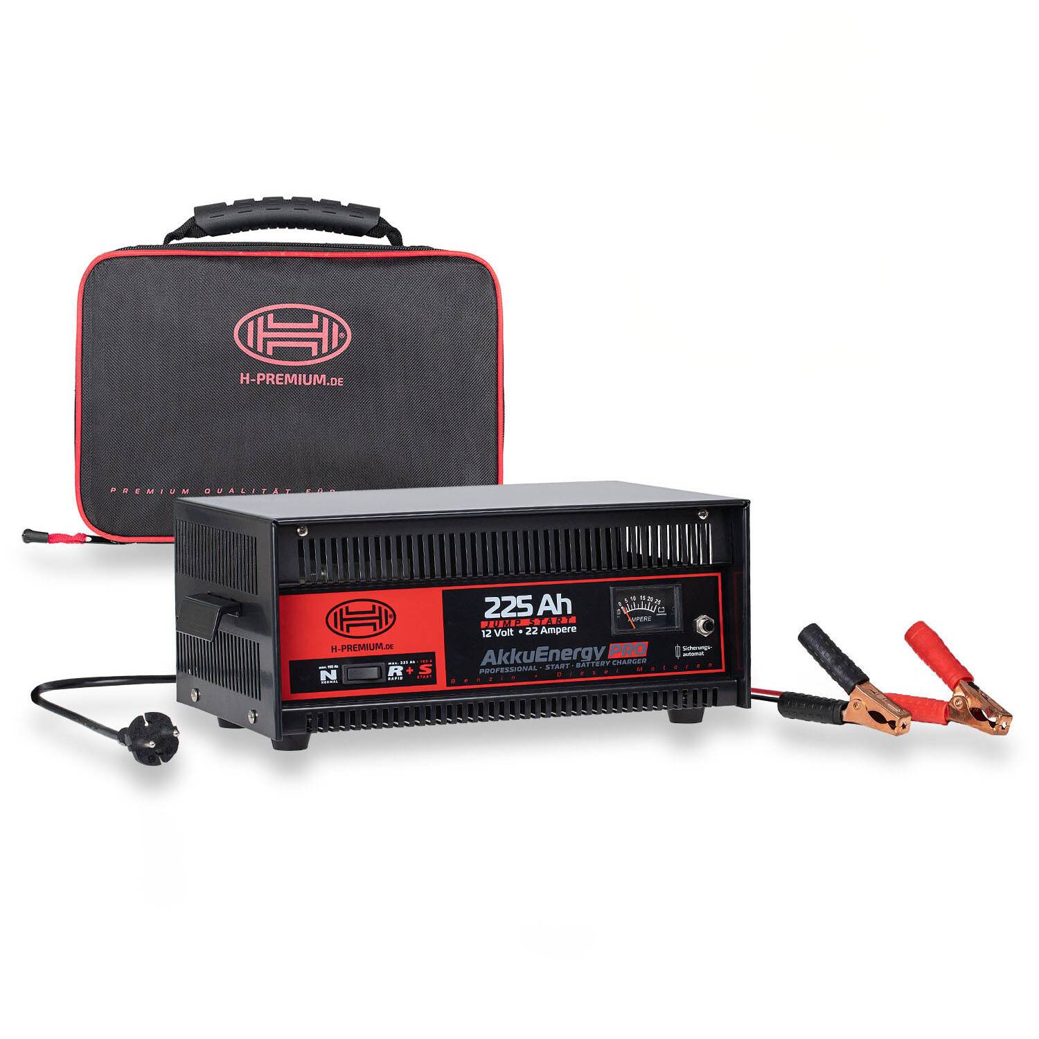 HEYNER® Batterieladegerät AkkuEnergy 22A – 12V, für 30–225 Ah, Schnell-/Normalladung, Starthilfe 180 A, Metallgehäuse,