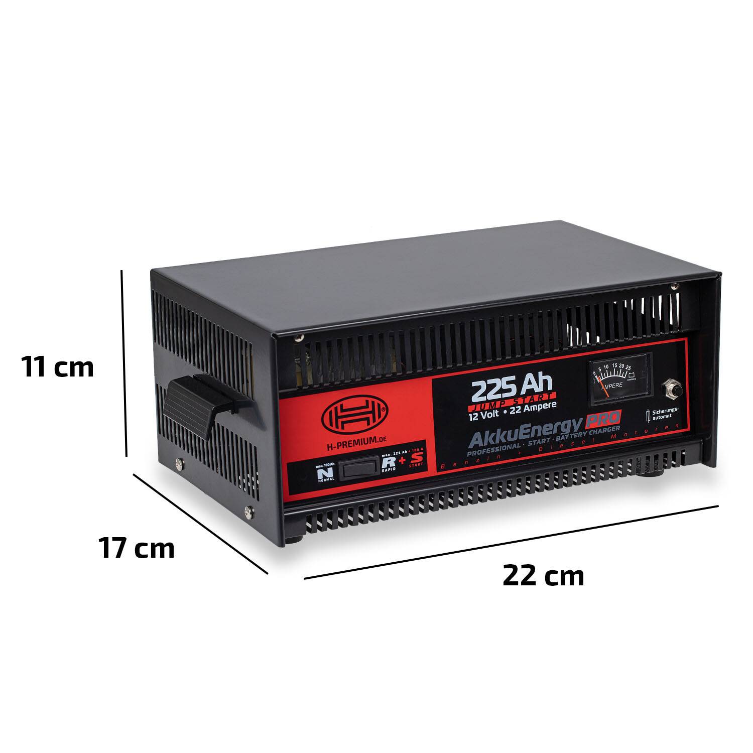 HEYNER® Batterieladegerät AkkuEnergy 22A – 12V, für 30–225 Ah, Schnell-/Normalladung, Starthilfe 180 A, Metallgehäuse,