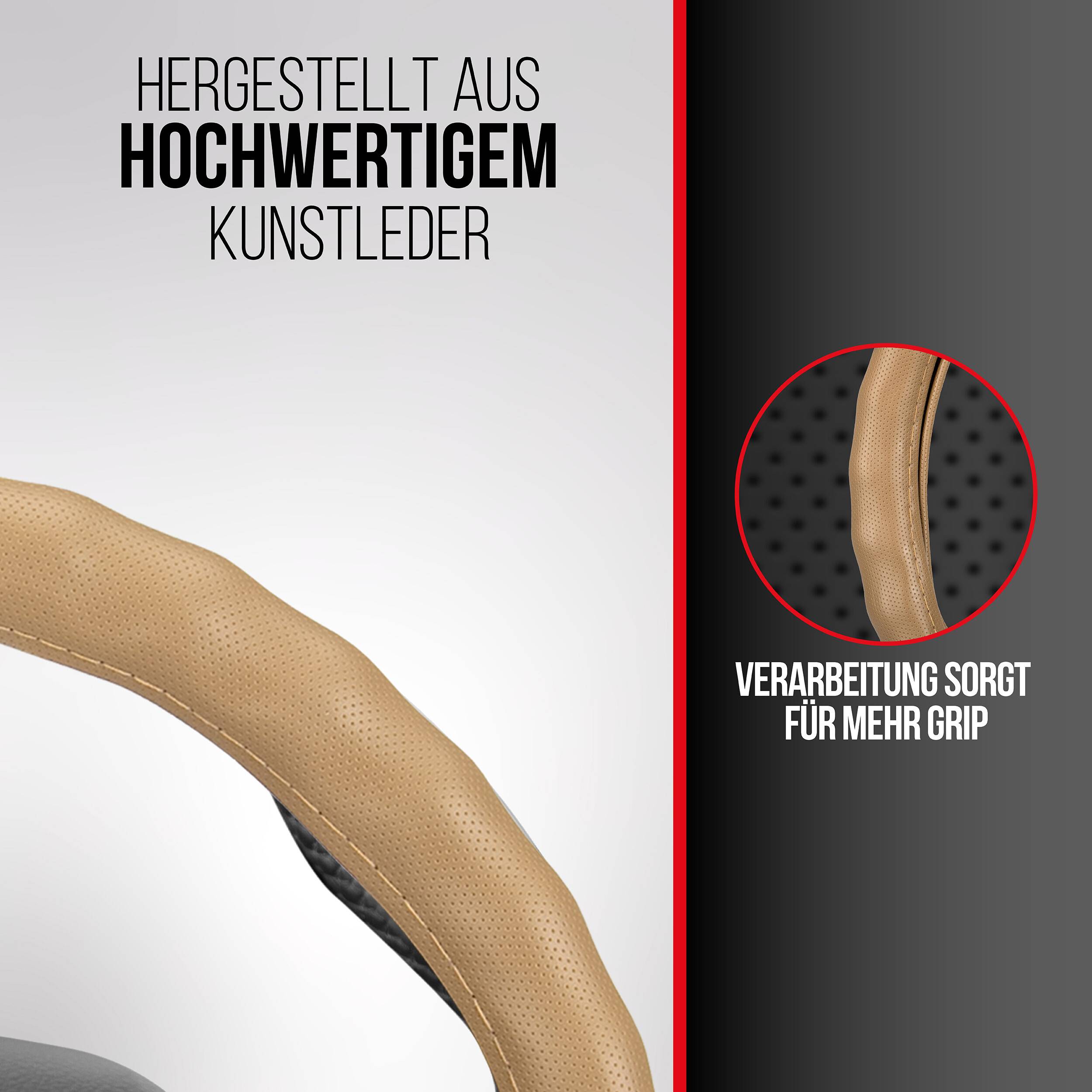 Beige Lenkradabdeckung aus hochwertigem Kunstleder mit strukturiertem Griffdetail; deutscher Text bewirbt besseren Halt.