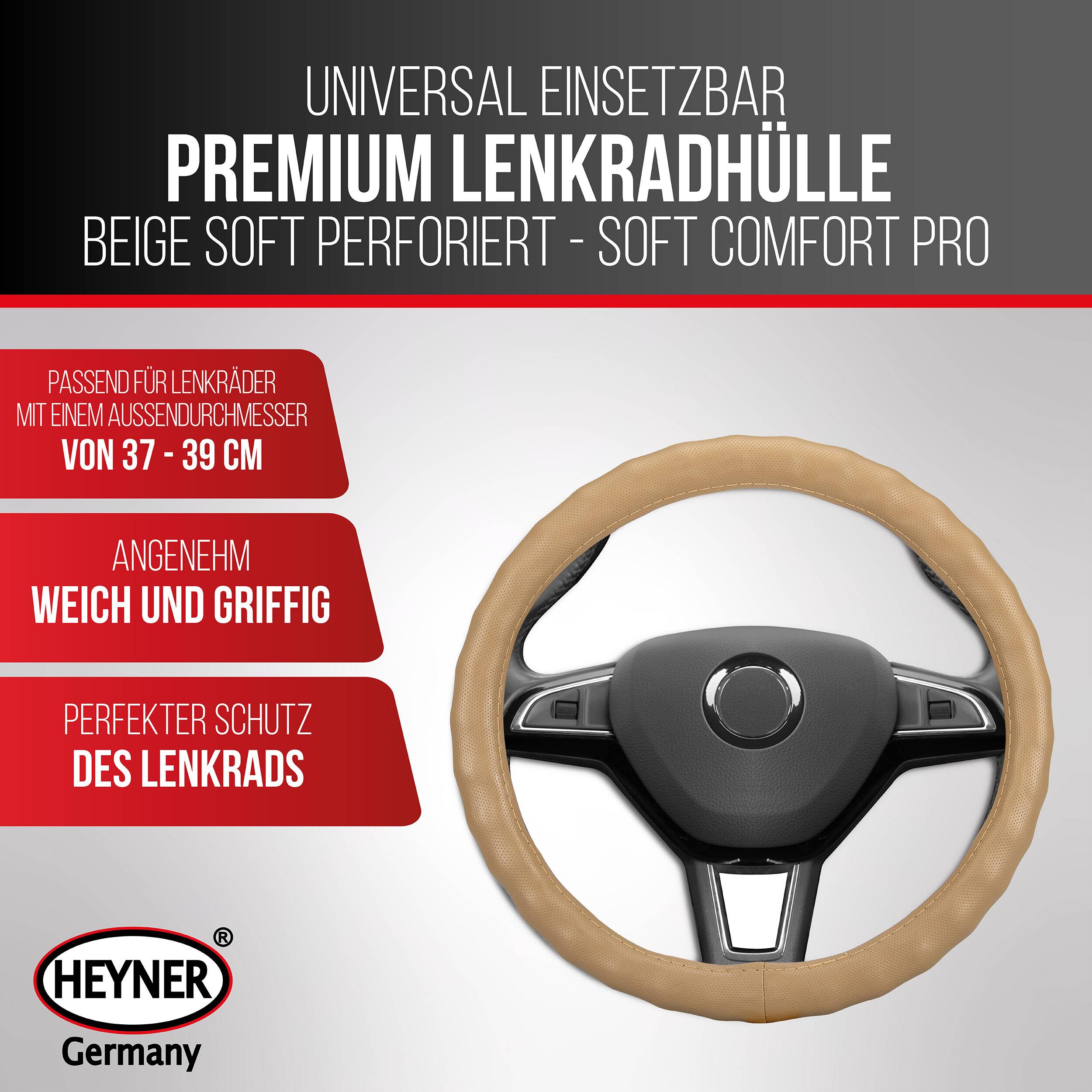 Angebot für eine universelle Premium-Lenkradabdeckung in Beige, weiches perforiertes 'Soft Comfort Pro', passt auf 37-39 cm Lenkräder, bietet bequemen Griff und Schutz.