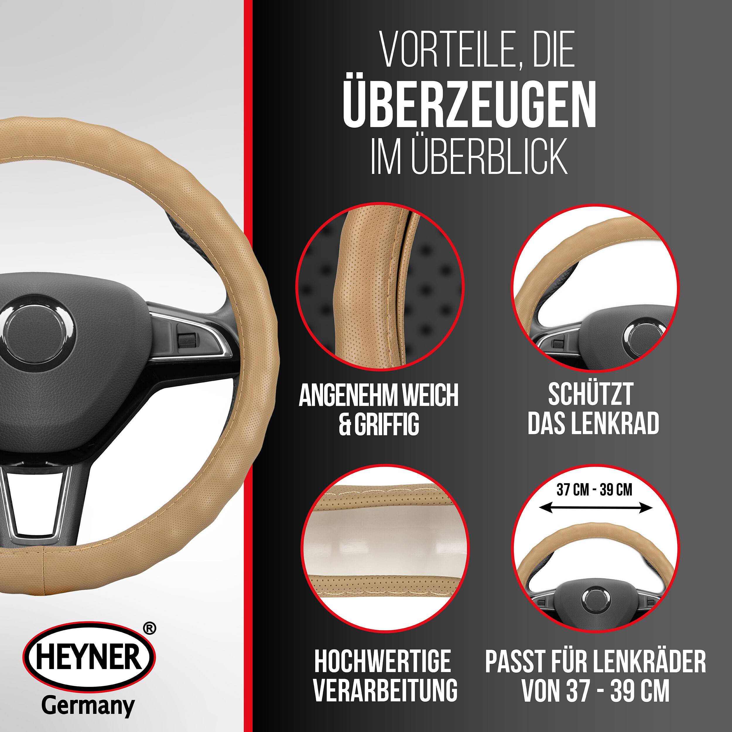 Infografik einer beigen Lenkradabdeckung auf einem Autolenkrad, die weichen Griff, Schutz, hochwertige Verarbeitung und Passform für Lenkräder von 37–39 cm hervorhebt.
