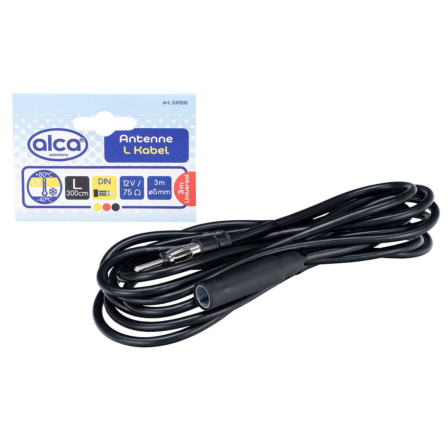 Autoantennenkabel, 300cm, DIN-Standard, 12V/75Ω, mit 3mm und 9,5mm Steckern.