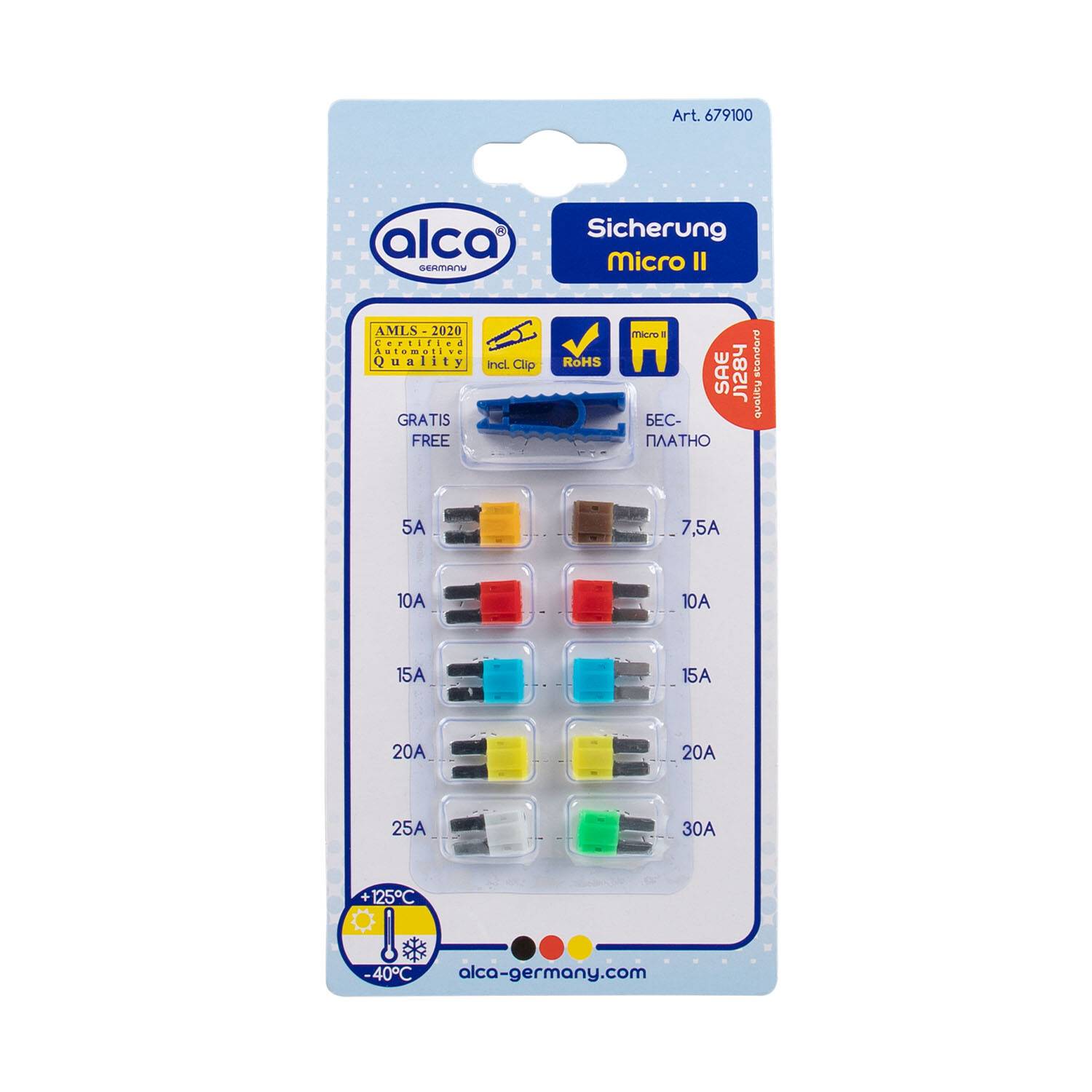 Micro II Sicherungssatz von alca Germany, Modell Art. 697100. Enthält acht Sicherungen: 5A, 7,5A, 10A, 15A, 20A, 25A, 30A, mit farbcodierten Nennwerten.