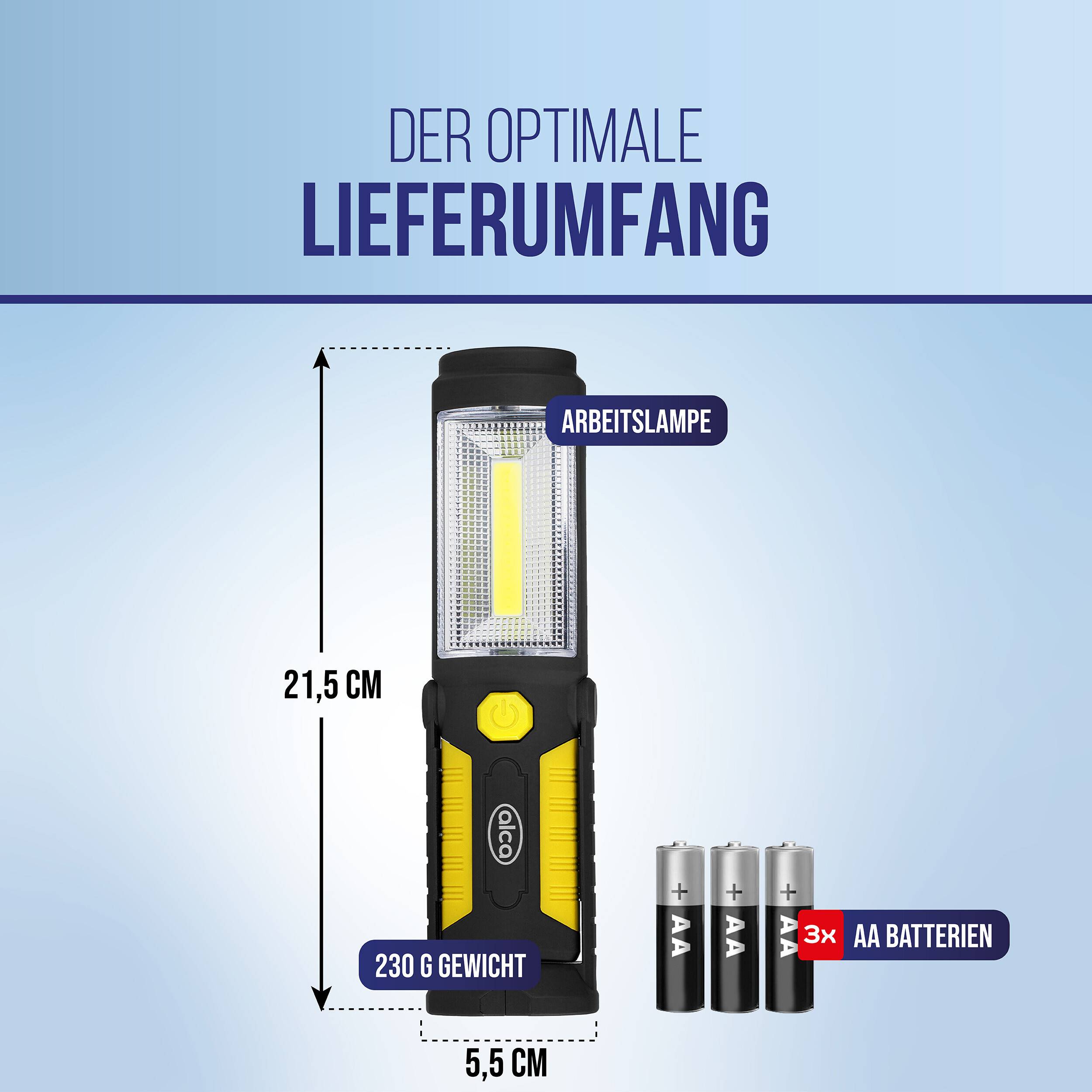 alca® Arbeitslampe COB-LED 220lm Magnet-Fuß Klappbar Haken Inkl-Batterien Bis zu 6h Betriebszeit, 2 Lichtquellen mit