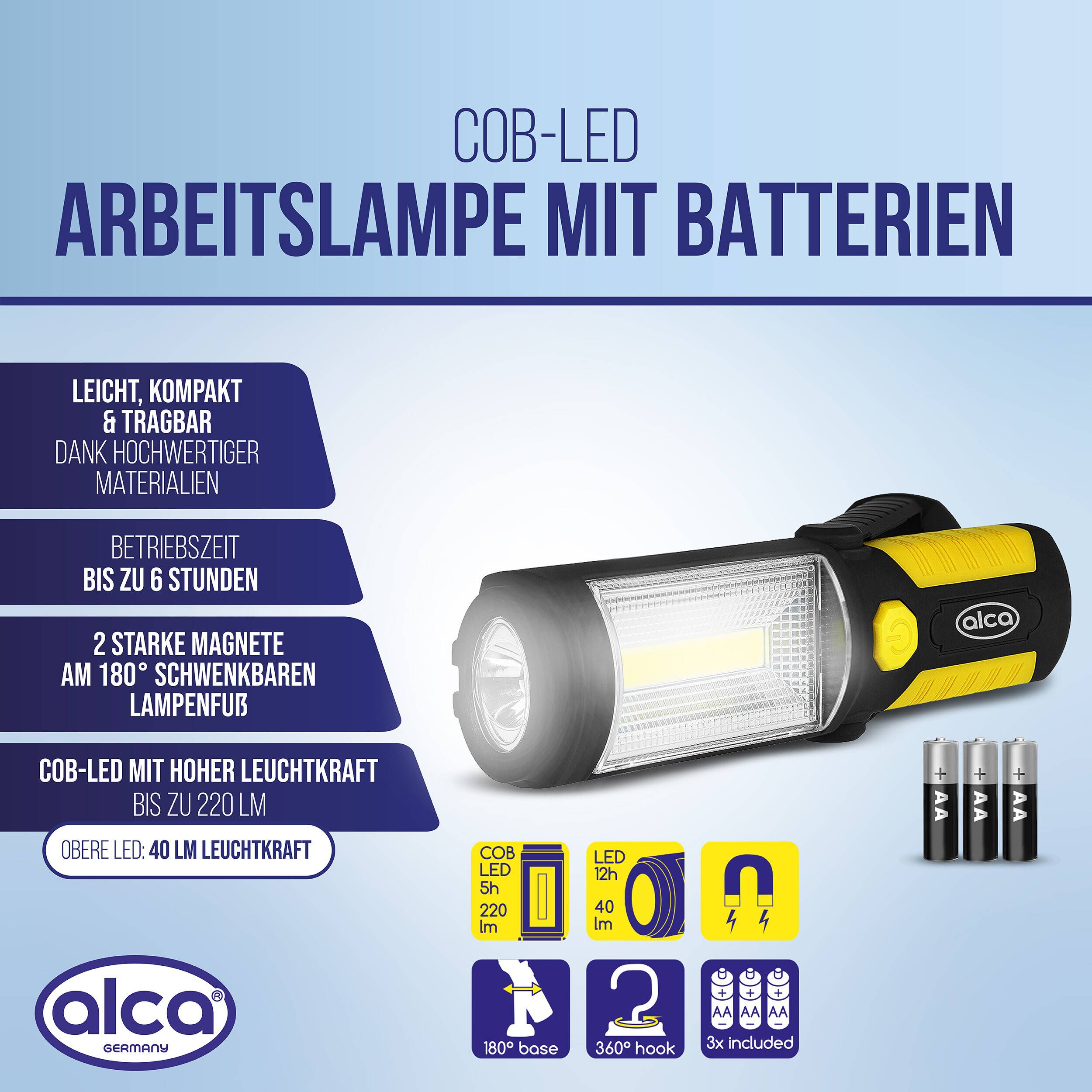 alca® Arbeitslampe COB-LED 220lm Magnet-Fuß Klappbar Haken Inkl-Batterien Bis zu 6h Betriebszeit, 2 Lichtquellen mit