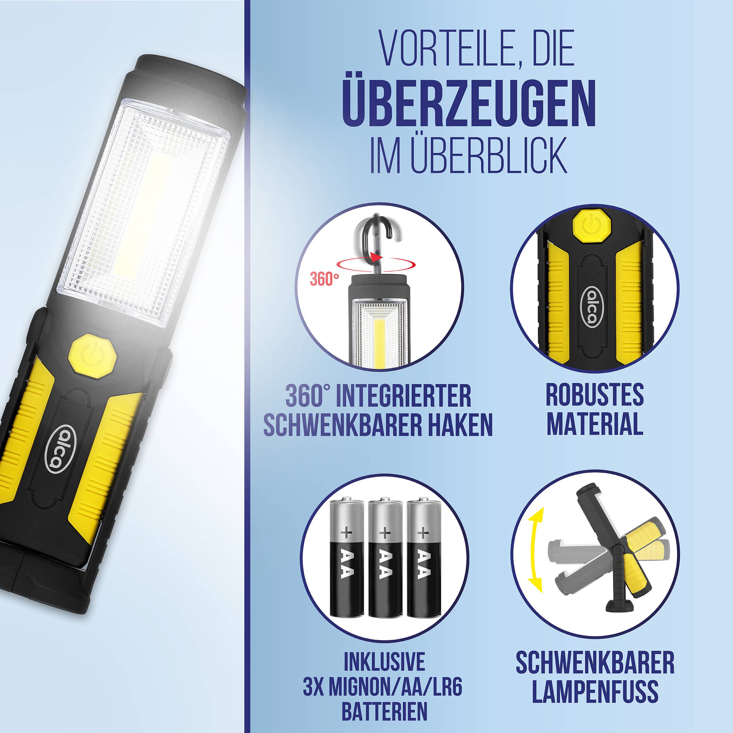 alca® Arbeitslampe COB-LED 220lm Magnet-Fuß Klappbar Haken Inkl-Batterien