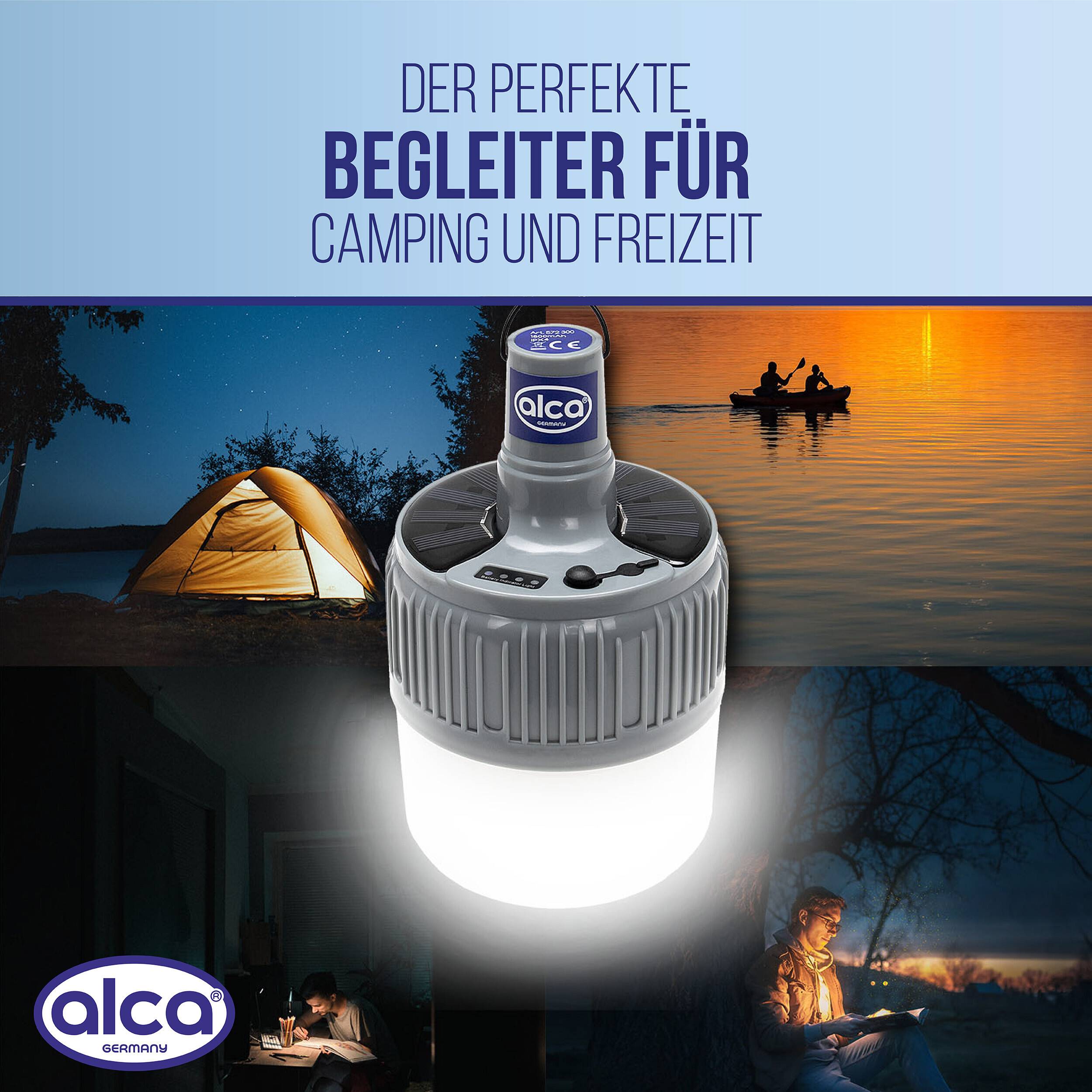 Werbebild einer Alco-Laterne mit Flaschenöffner, beschriftet mit „Der perfekte Begleiter für Camping und Freizeit