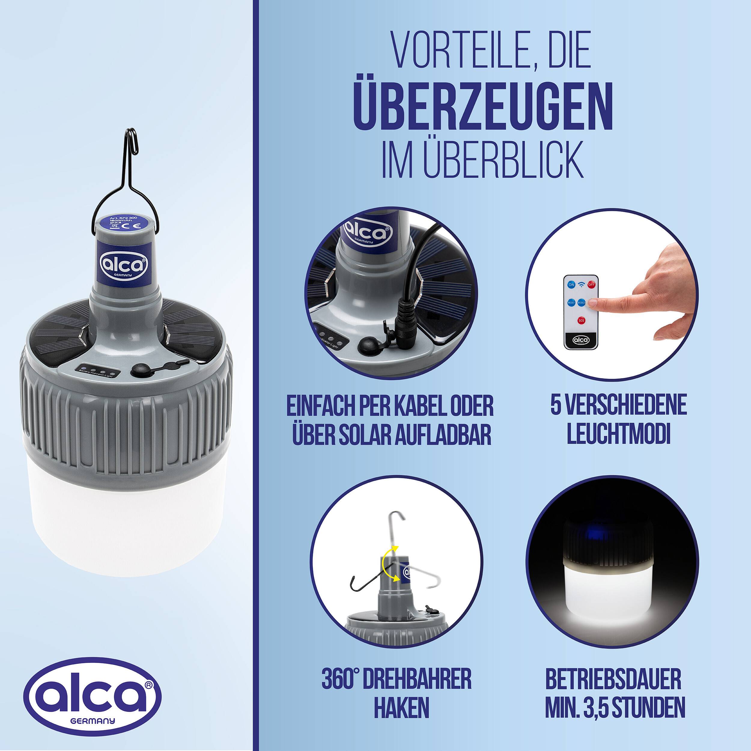 Alco tragbare Laterne mit Aufhängehaken und Übersicht der Vorteile: Kabel- oder Solarladung, 5 Leuchtmodi, um 360° drehbarer Haken und 3,5 Stunden Laufzeit.