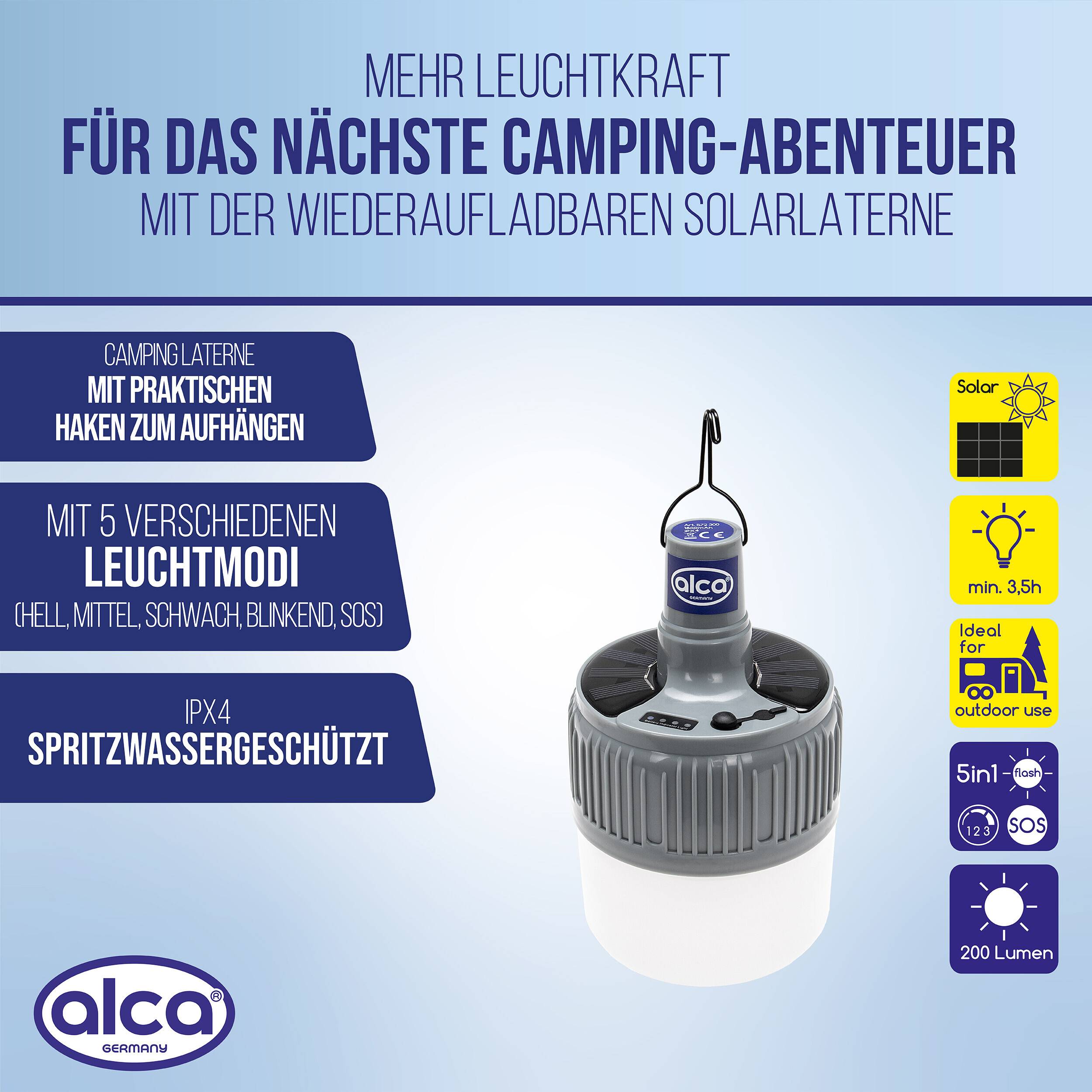 alca® Solarlaterne mit Fernbedienung 200 lm LED Campinglampe Lithium Ionen Akku Solarlampe mit 3,5 h