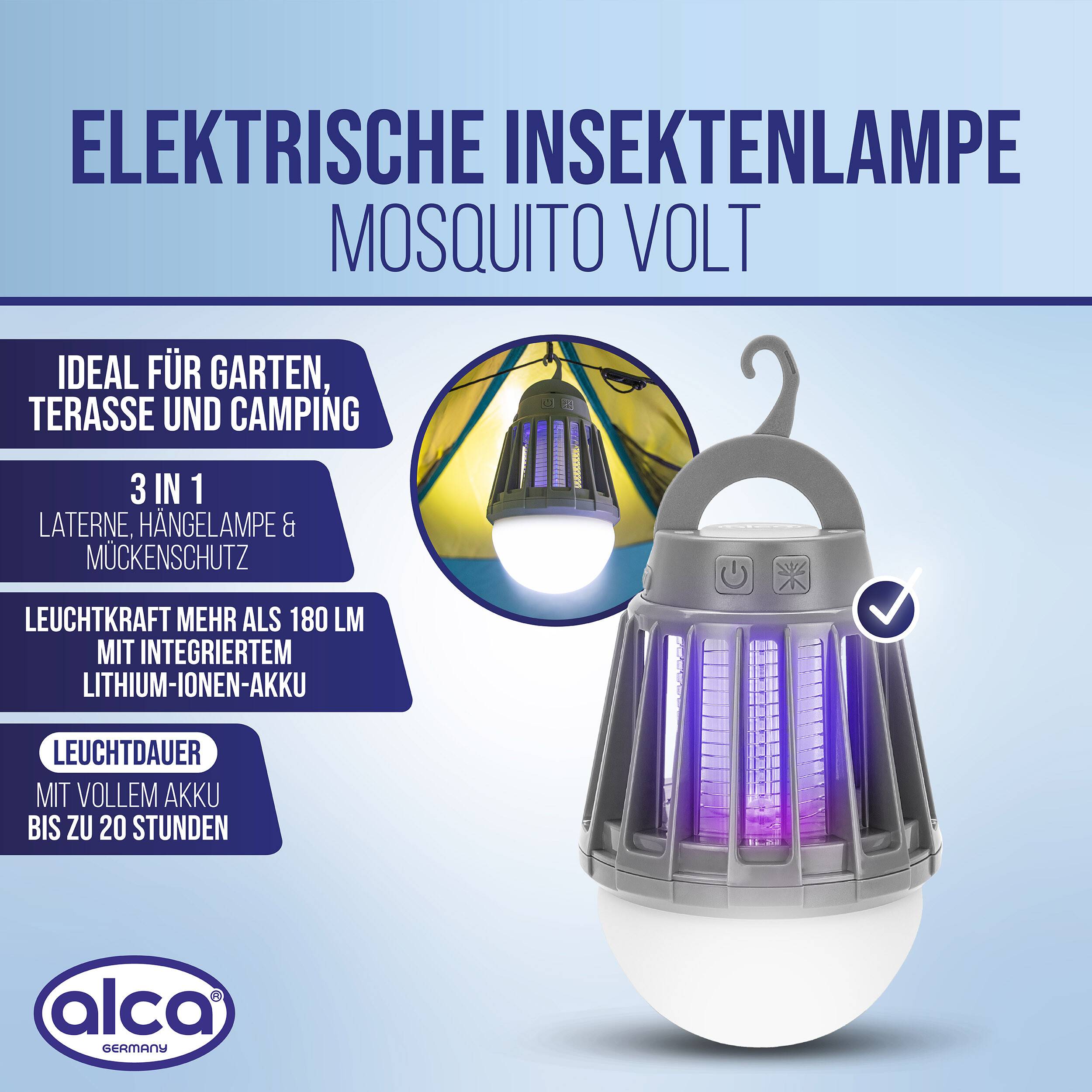 alca® Insektenschutz Lampe – elektrische Insektenlampe, 3‑in‑1 Laterne & Mückenschutz, 180 Lumen, IPX6, 2000 mAh Akku,