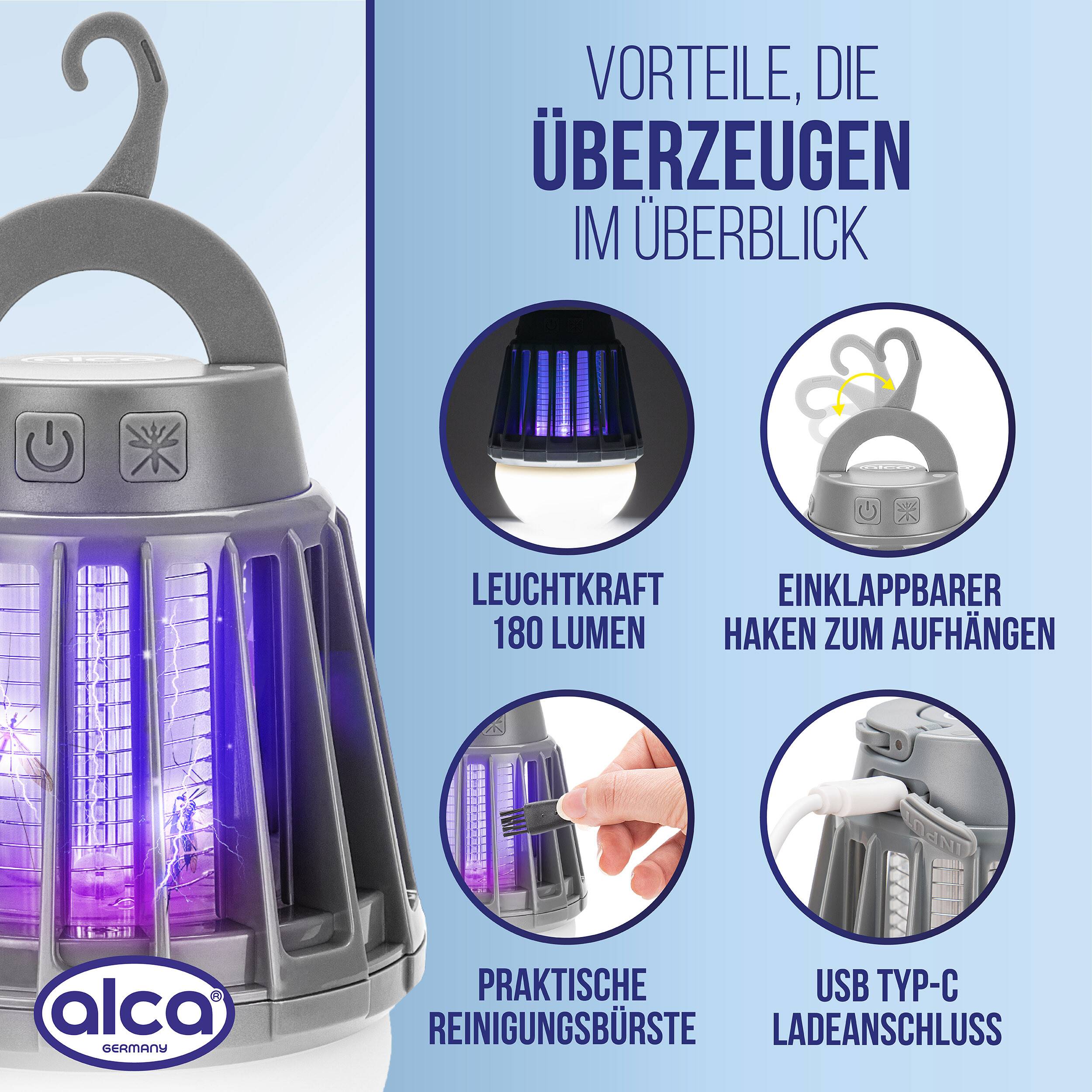 alca® Insektenlampe mit 2000 mAh Akku, blauem UV Licht für Zelt und Garten Lithium Ionen Akku Laterne mit 20 h Laufzeit,
