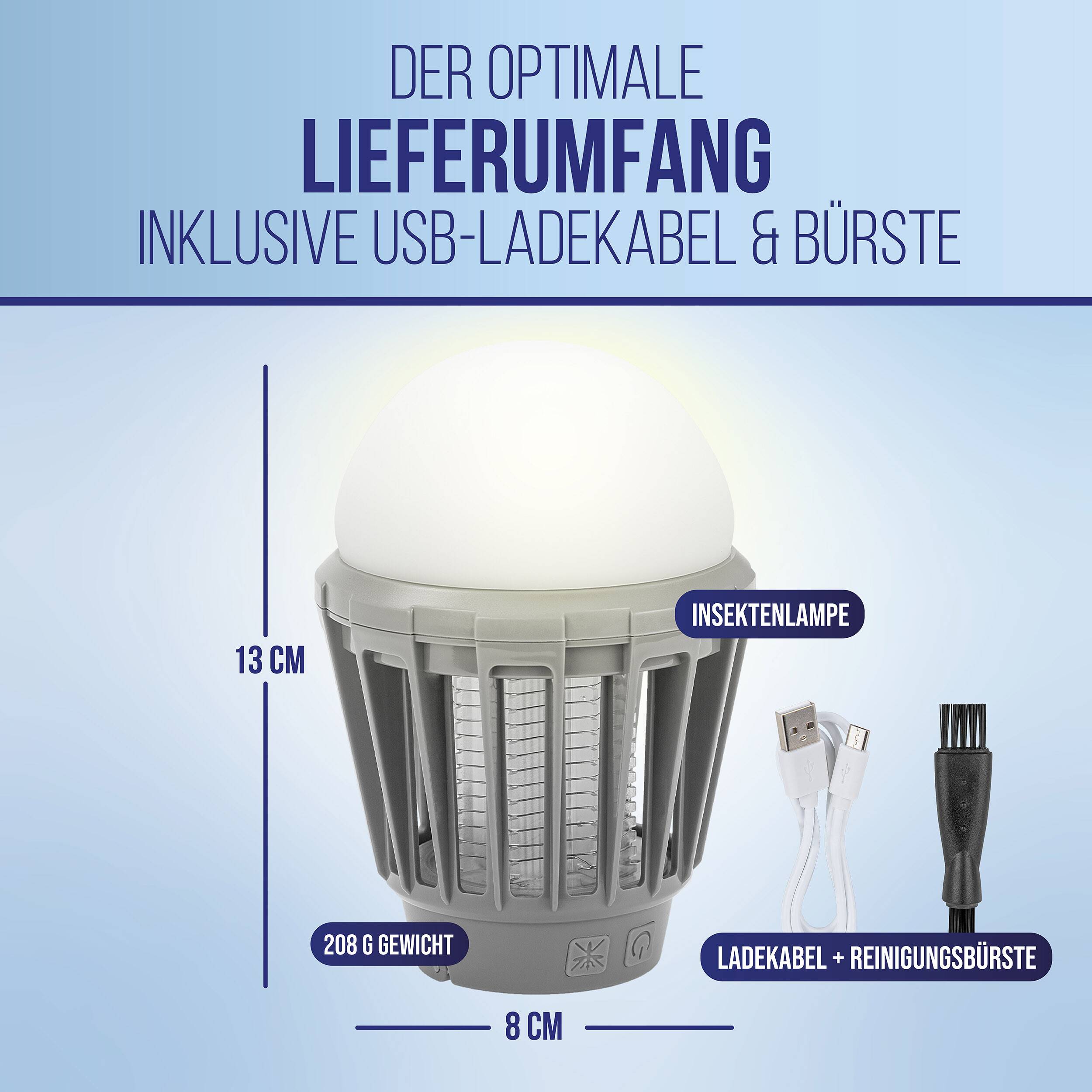 Infografik des Inhalts einer Insektenlampeverpackung, die die Lampe, das USB-Ladekabel und die Reinigungsbürste zeigt, mit Größenbezeichnungen von 13 cm Höhe, 8 cm Breite und 208 g Gewicht.