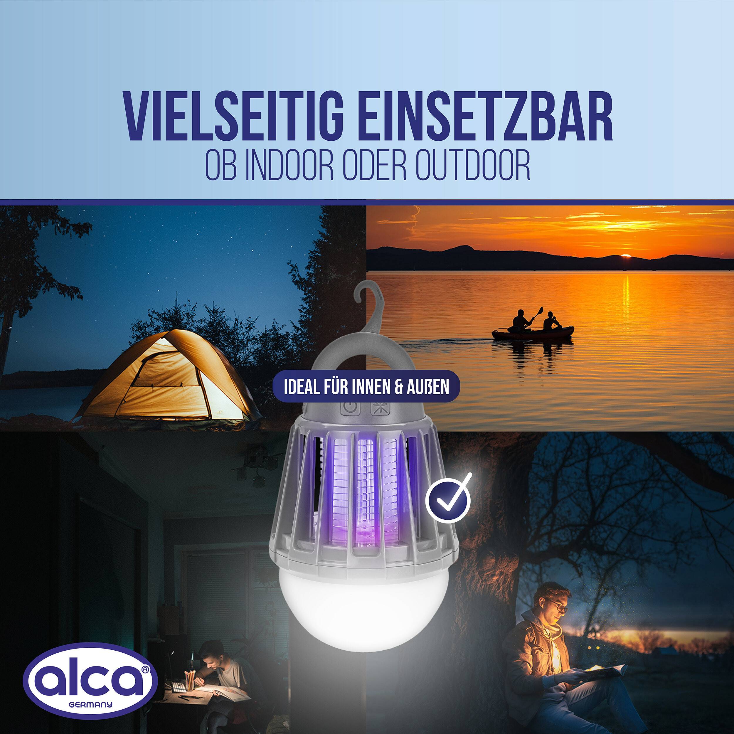 Werbegrafik für eine Alco-Laterne mit Insektenvernichter aus Deutschland, die zeigt, dass sie vielseitig für den Innen- oder Außenbereich einsetzbar ist, mit Szenen beim Camping, am See und zu Hause; der Text lautet „VIELSEITIG EINSETZBAR