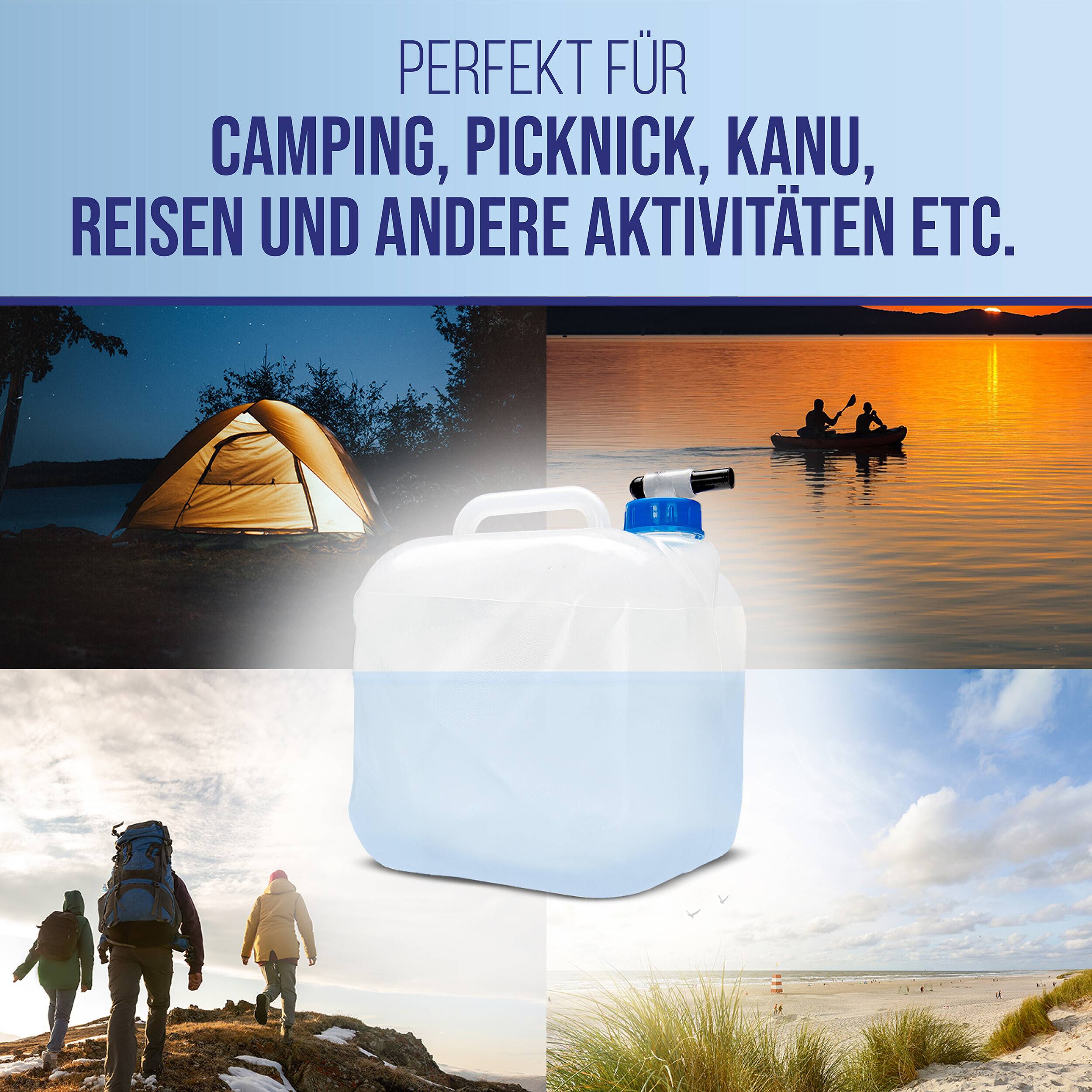 Werbebild eines Wasserbehälters für Camping, Picknick, Kanufahrten und Reisen, gezeigt mit Zelt, Kanu, Wanderern und Strandszenen; deutscher Text besagt, dass er für diese Aktivitäten perfekt ist.