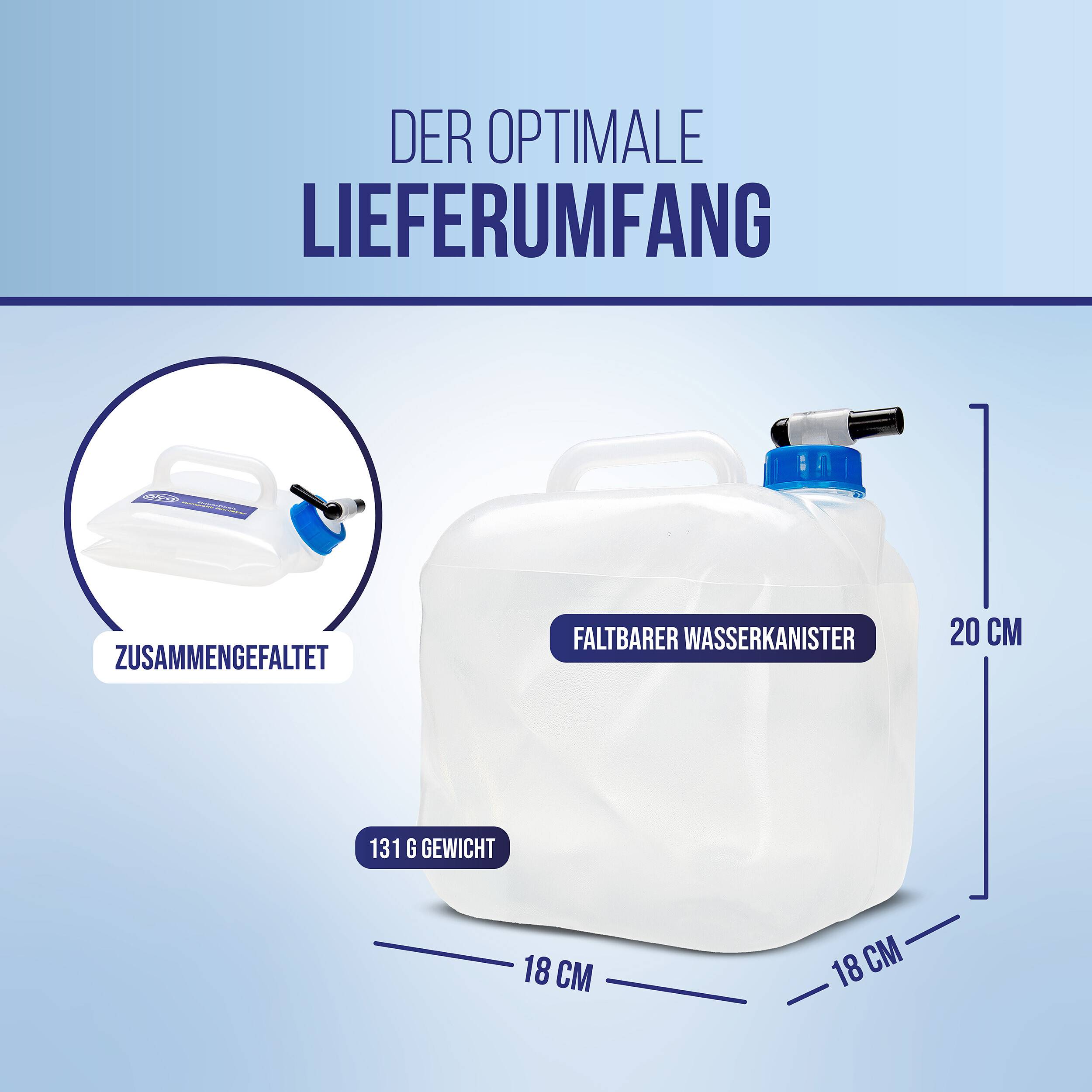 Diagramm, das den optimalen Lieferumfang für einen faltbaren Wasserkanister zeigt, mit gefalteten und erweiterten Ansichten und beschrifteten Abmessungen: 18 cm x 18 cm x 20 cm, Gewicht 131 g.