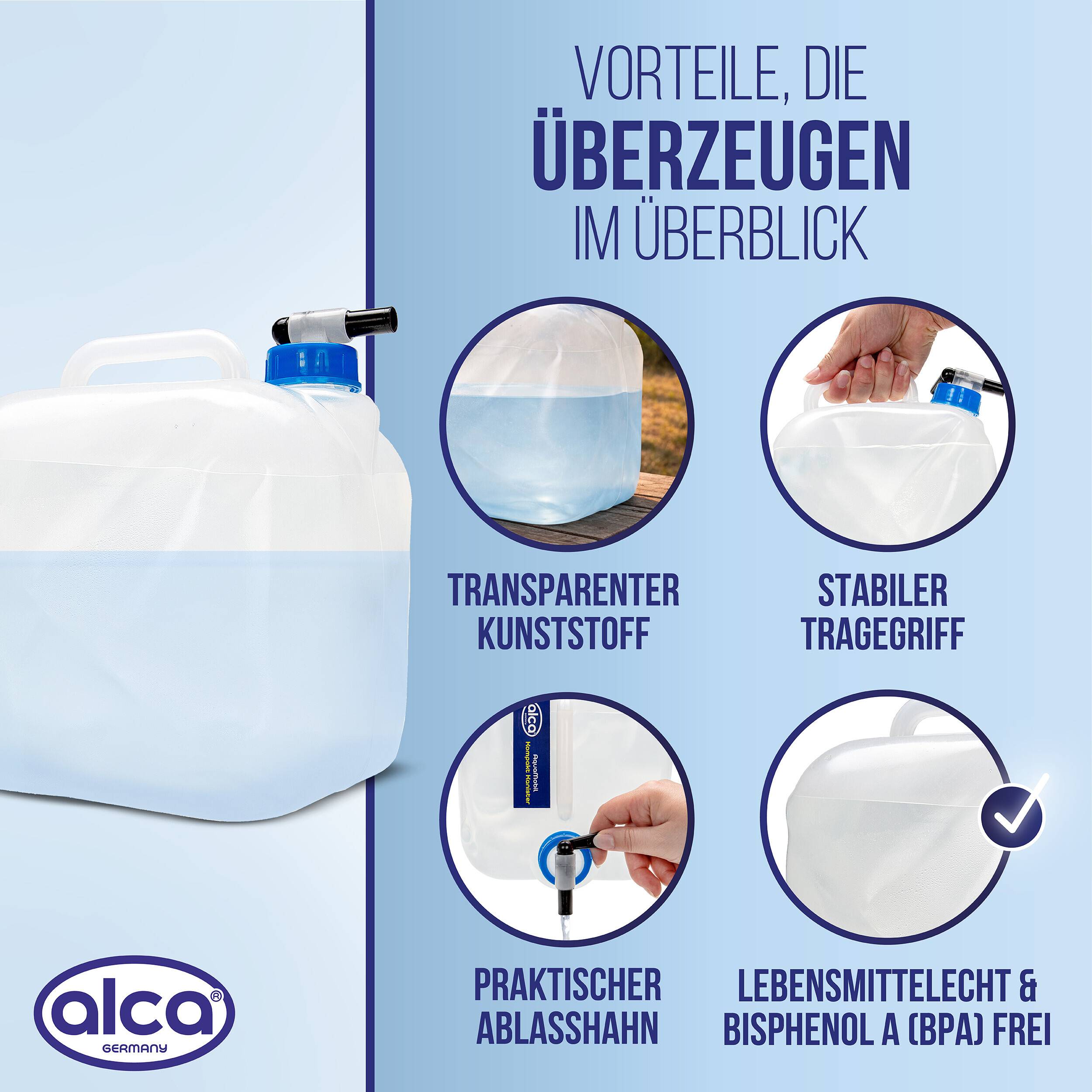 Produktinfografik eines durchsichtigen Wasserkanns, mit Hervorhebung von 